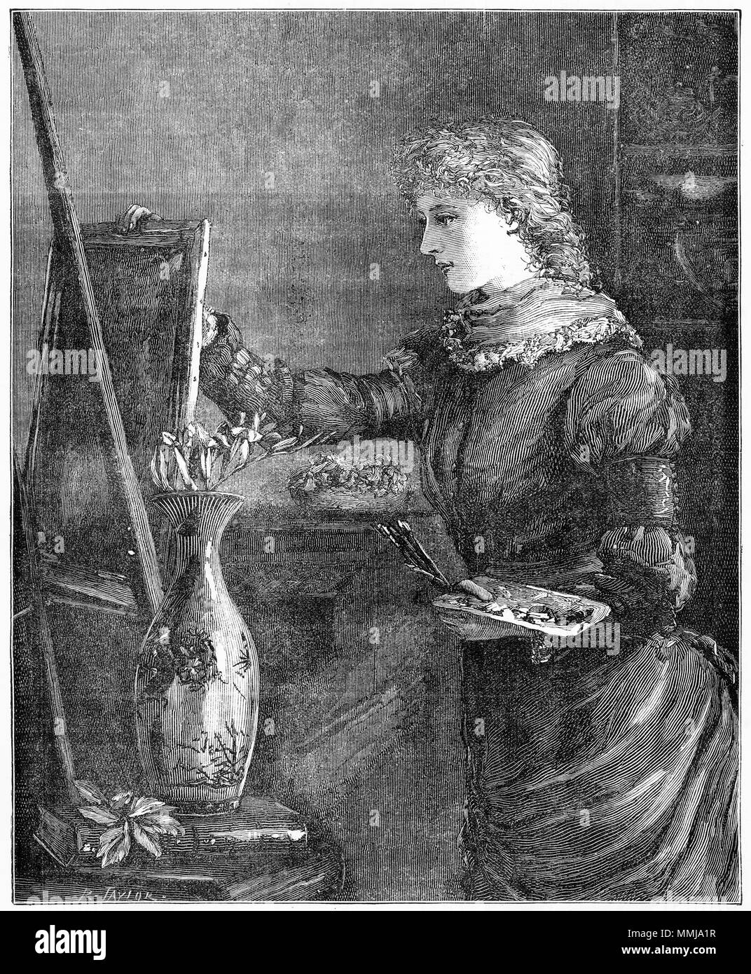 Gravur einer jungen Frau Malerei an einer Staffelei. Von einem ursprünglichen Gravur in eigenen Papier Magazin der Mädchen 1883. Stockfoto
