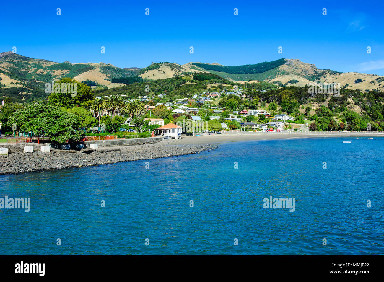 Blick auf Akaroa Halbinsel, Banken, Südinsel, Neuseeland Stockfoto