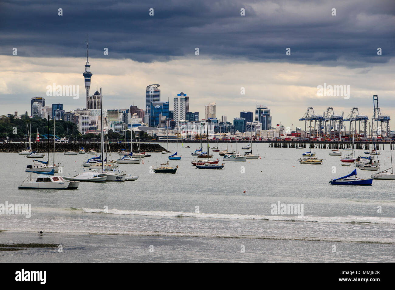Der Hafen von Auckland mit der Skyline im Hintergrund, Neuseeland Stockfoto