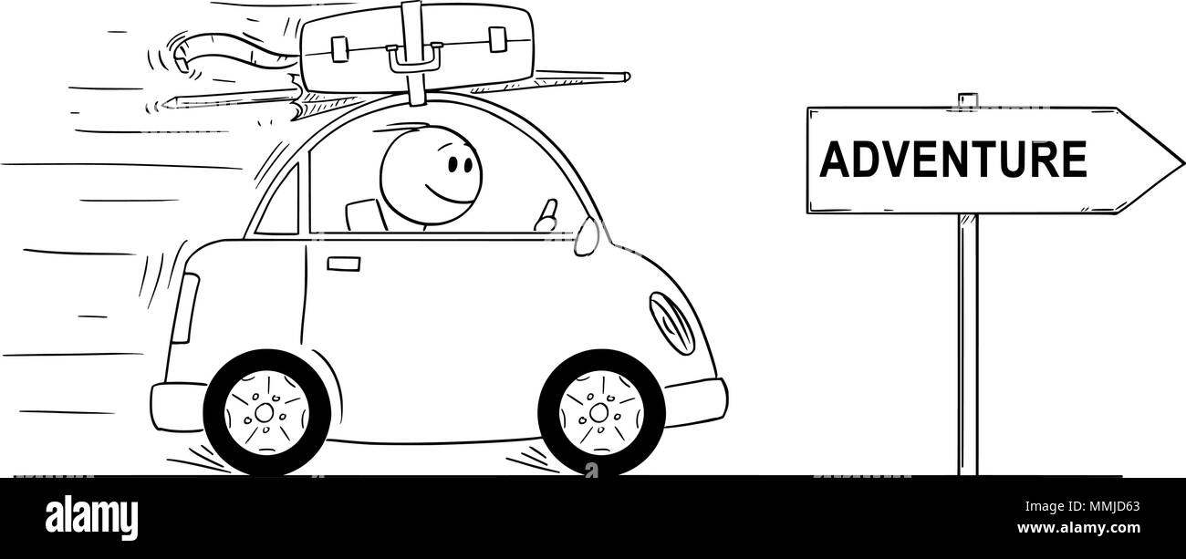 Cartoon von lächelnden Menschen, in kleinen Auto auf Urlaub oder Ferien. Pfeil mit Abenteuer Text. Stock Vektor