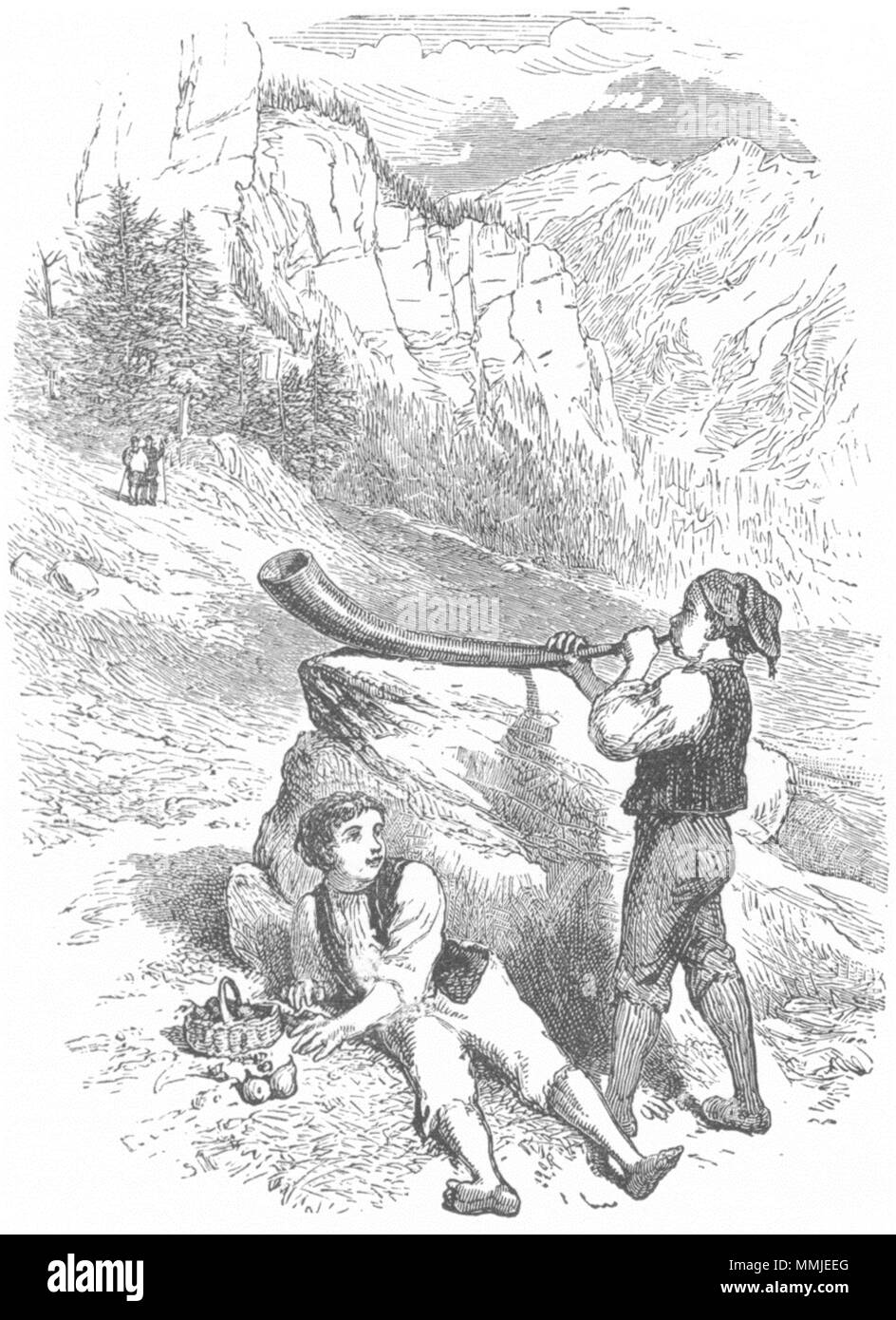Die Schweiz. Fruit-Seller & Horn-Blower 1891 alte antike vintage Bild drucken Stockfoto