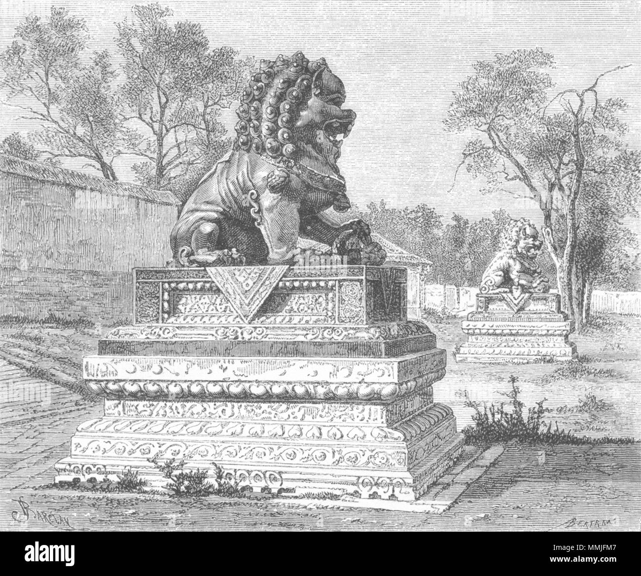 CHINA. Sommer Palace-Bronze Löwen, die imperiale Macht c 1885 alten, antiken Drucken Stockfoto