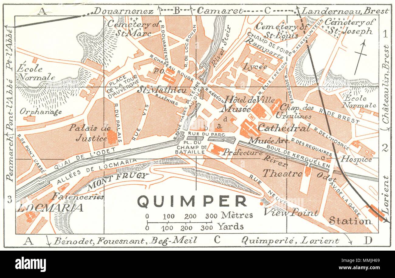Der Bretagne. Bretagne. Quimper 1928 alte vintage Karte plan plan