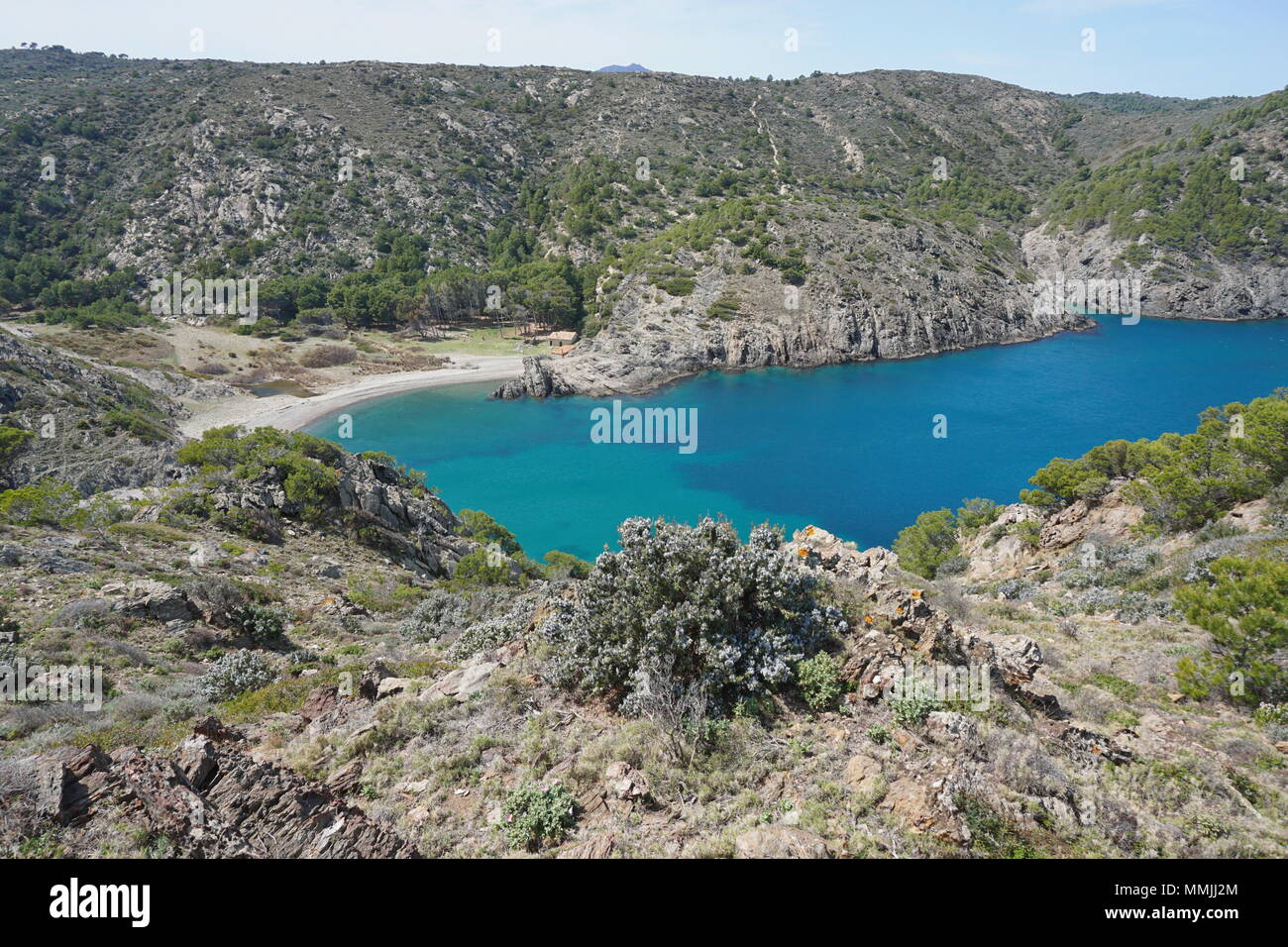 Spanien Küstenlandschaft Cala Tavallera Cove im Naturpark Cap de Creus, Mittelmeer, El Port de la Selva, Costa Brava, Katalonien Stockfoto