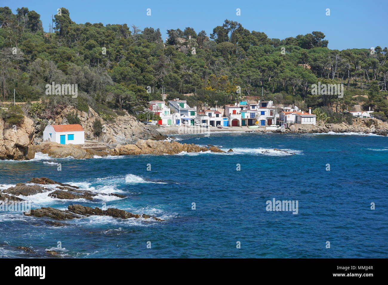 Küstenlandschaft alte Häuser der Fischer in Palamos, Cala S'Alguer, Spanien, Costa Brava, Mittelmeer, Katalonien, Baix Emporda Stockfoto