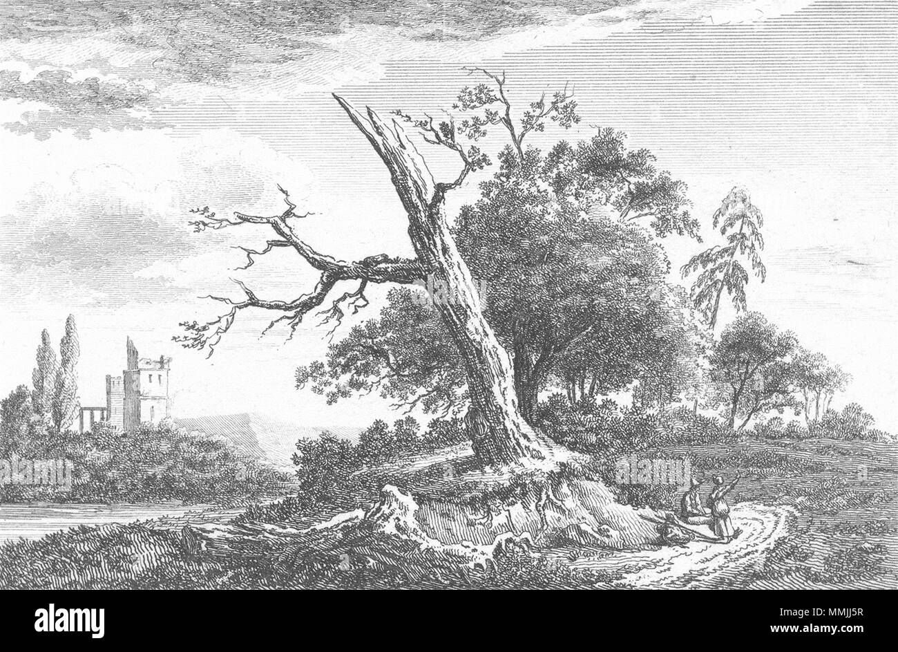 Landschaften. 3 Figuren Tree Tower c 1800 alte antike vintage Bild drucken Stockfoto