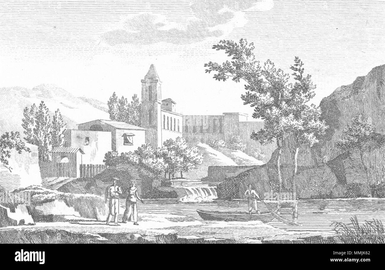 Kirche. Kloster Berg River Boat Gondoliere c 1800 alten, antiken Drucken Stockfoto