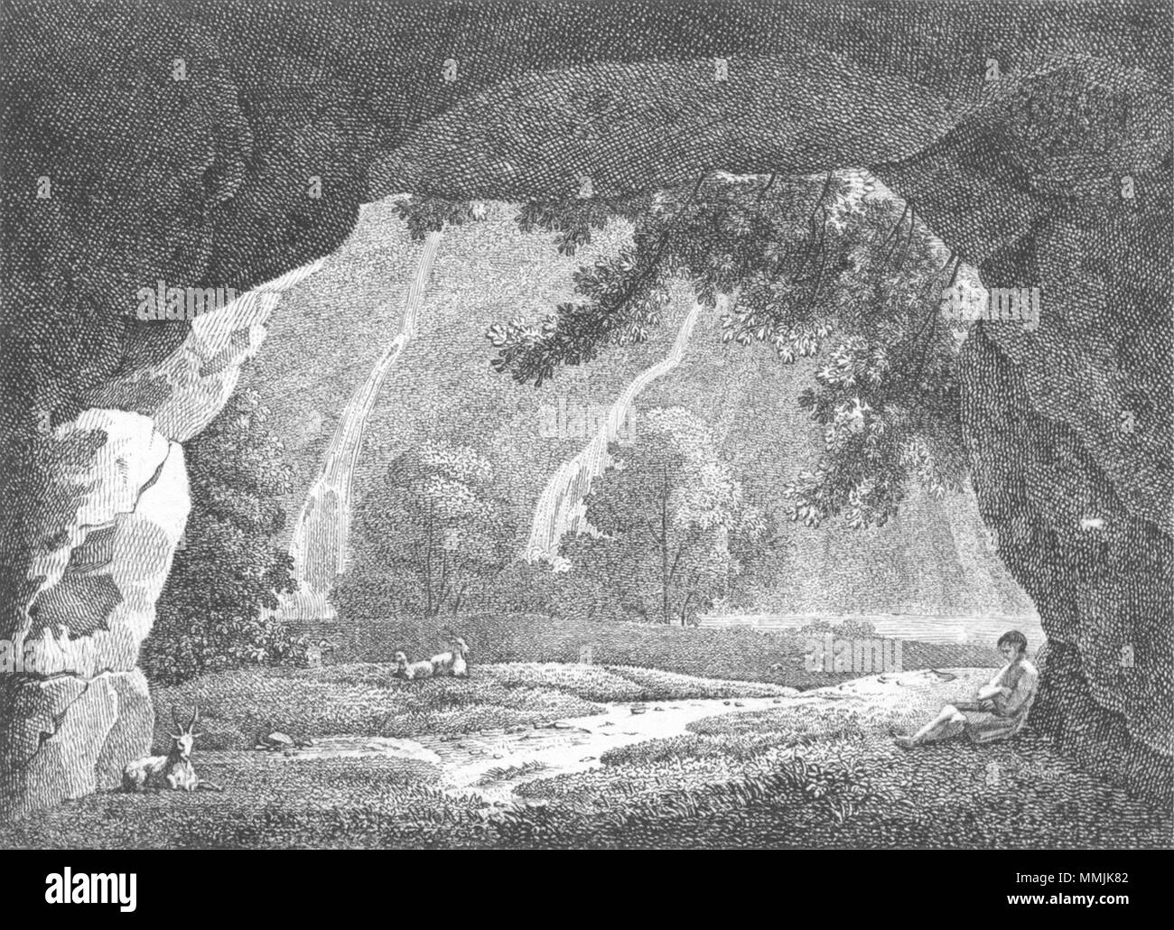 Höhlen. Hirte Schaf gehörntes Tier Wasserfälle c 1800 alte antike Bild drucken Stockfoto