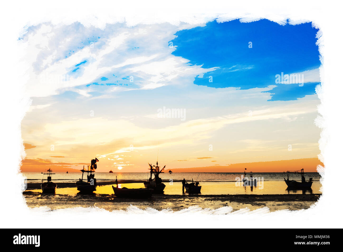 Aquarell von Fischerbooten und Sonnenaufgang am Strand Hua Hin in Thailand, lebendige Farben filter Effekt, grunge Foto Stil. Stockfoto