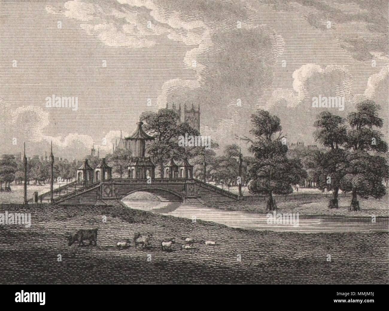 Chinesische Brücke, St James's Park, London. Antike graviert Drucken 1817 alte Stockfoto