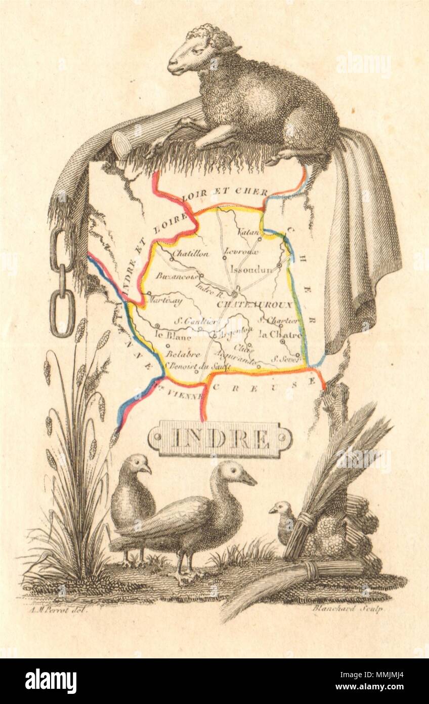 Département Indre. Knappe antike Karte/carte von A.M. PERROT 1823 alte Stockfoto