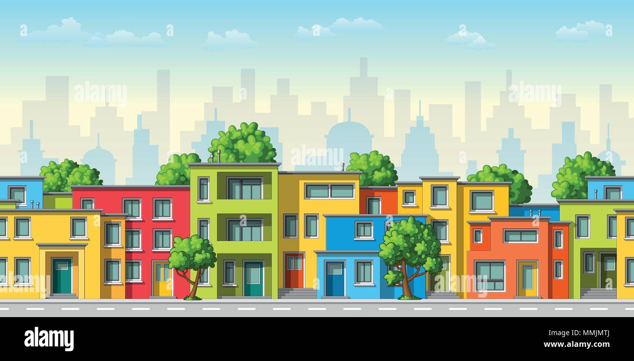 Abbildung: Farbenfrohe, moderne Haus mit Bäumen, nahtlose Stock Vektor