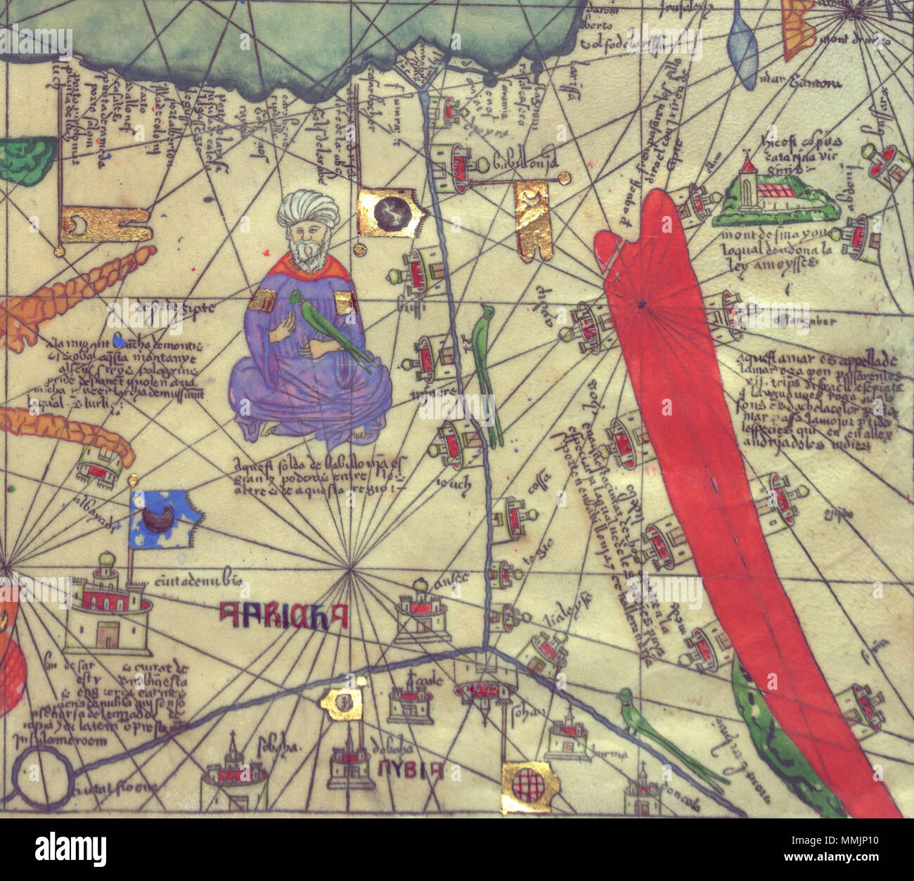 . Deutsch: Karte der nordöstlichen Afrika und südwestlichen Levant, Ansicht von Süden. Katalanischen Atlas. Von Abraham Cresques (gestorben 1387) mit seinem Sohn Jehuda. 1375. Abraham Cresques (gestorben 1387) mit seinem Sohn Jehuda Cresques Abraham und Jehuda Cresques Katalanischen Atlas. Osteuropa Ansicht von Süden. F Stockfoto