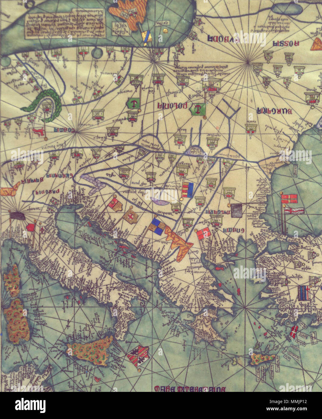 . Englisch: Karte von Osteuropa, Ansicht von Süden. Katalanischen Atlas. Von Abraham Cresques (gestorben 1387) mit seinem Sohn Jehuda. 1375. Abraham Cresques (gestorben 1387) mit seinem Sohn Jehuda Cresques Abraham und Jehuda Cresques Katalanischen Atlas. Osteuropa Ansicht von Süden. H Stockfoto