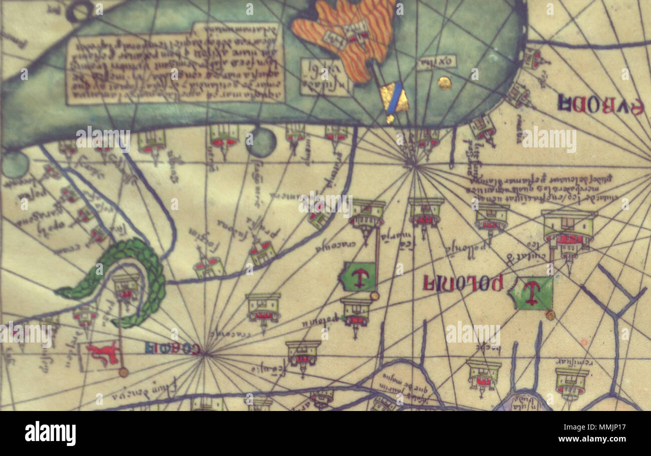 . Englisch: Karte von Osteuropa, Ansicht von Süden. Katalanischen Atlas. Von Abraham Cresques (gestorben 1387) mit seinem Sohn Jehuda. 1375. Abraham Cresques (gestorben 1387) mit seinem Sohn Jehuda Cresques Abraham und Jehuda Cresques Katalanischen Atlas. Osteuropa Ansicht von Süden. L Stockfoto