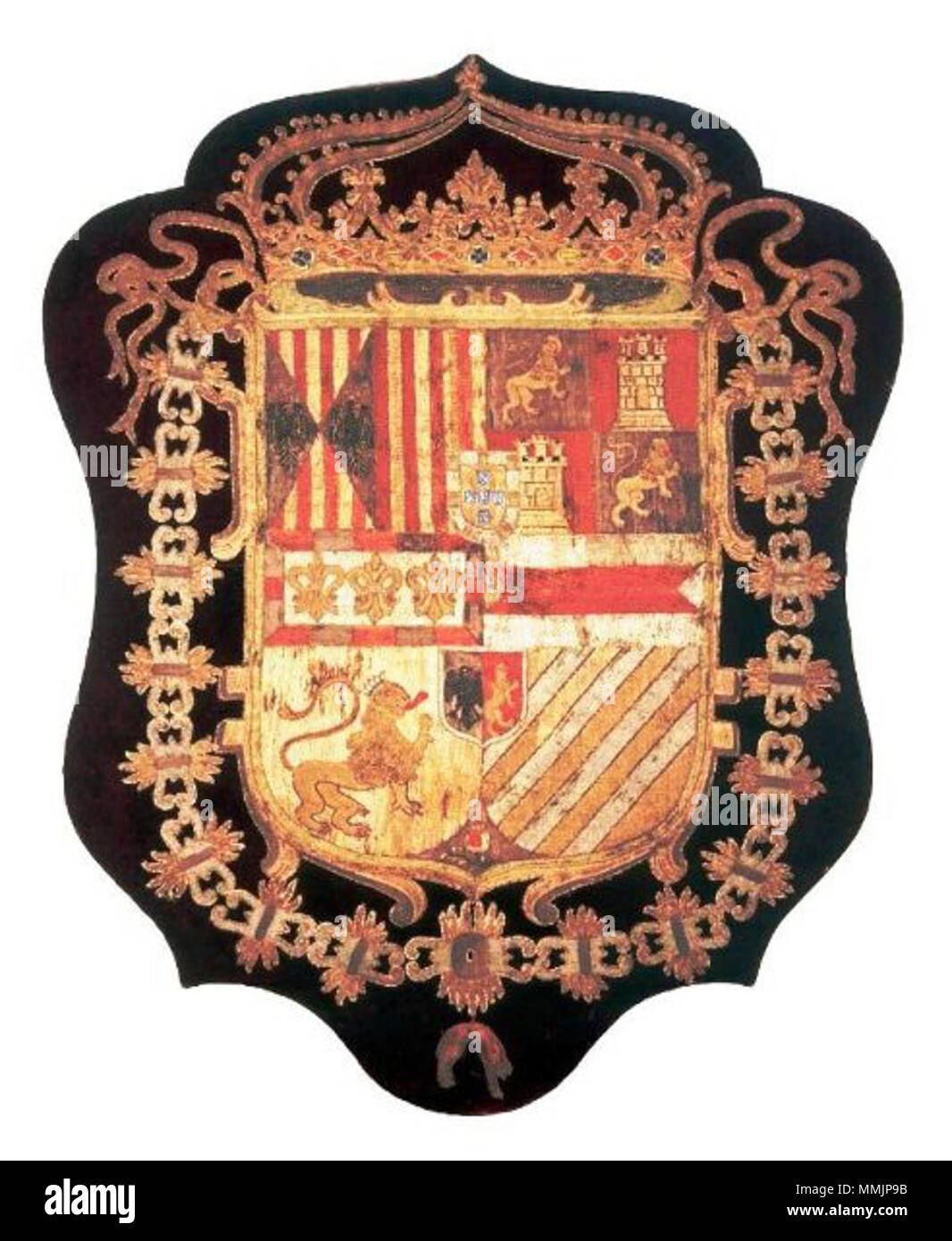 . Español: Escudo de Armas de la Real Audiencia de Santa Fe, 1550 (Museo Nacional de Colombia) HISTORIA - OBJETOS TESTIMONIALES Autor: Anónimo Titulo: Escudo de Armas de la Real Audiencia de Santa Fe Fecha: Ca. 1550 Técnica: Cosido y bordado a mano (Hilos/Tela) Nr. Registro: 97 Museo Nacional de Colombia. 30 Juni 2009, 10:39:29. Anonyme Escudo de Armas de la Real Audiencia de Santa Fe Stockfoto