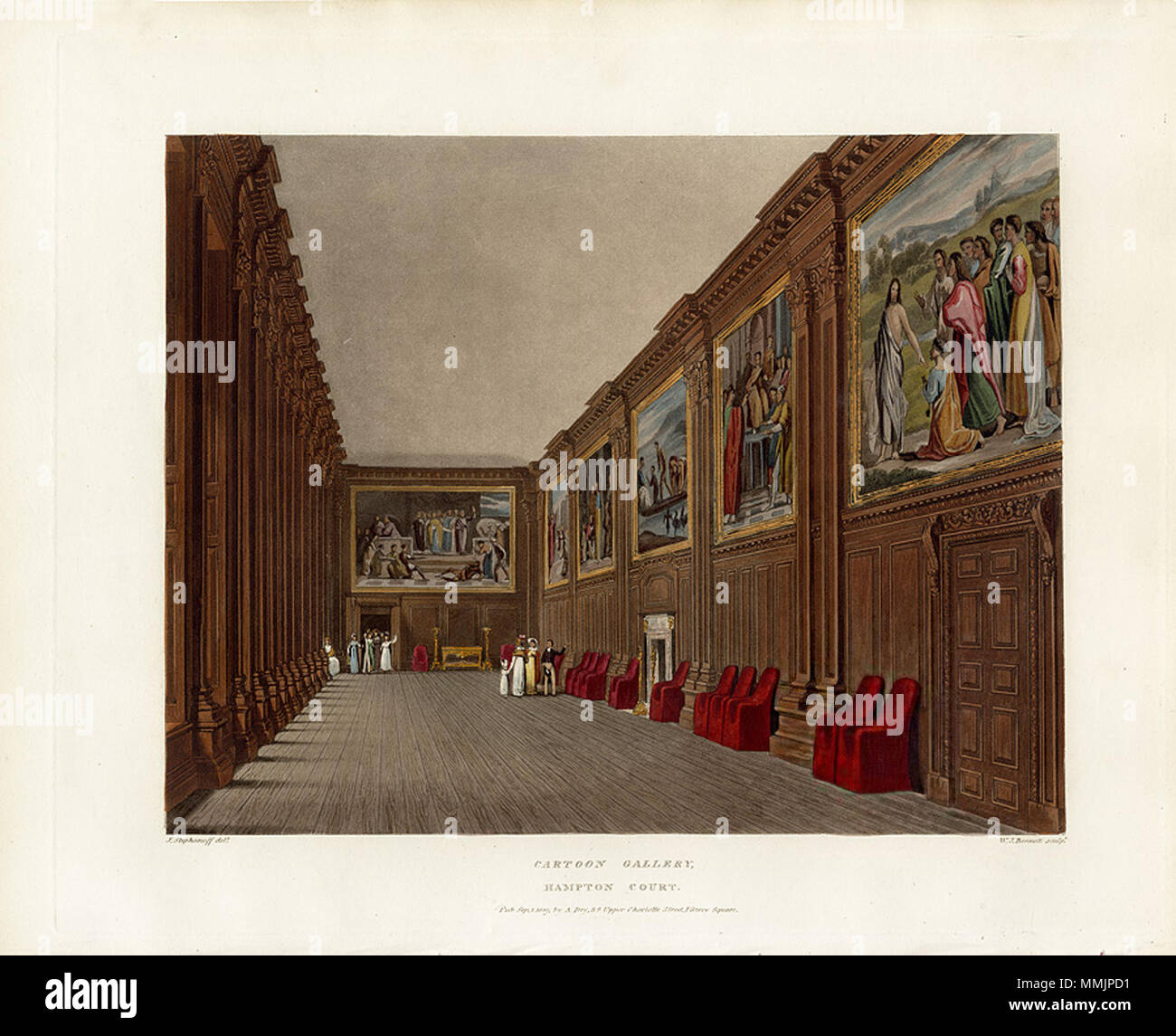 . Englisch: Ein Blick auf die Karikatur Galerie in Hampton Court Palace Cartoon Gallery, Hampton Court. 1. September 1819. Comic Galerie, Hampton Court, von Pyne Royal Residences, 1819 - panteek Py 98-241 Stockfoto