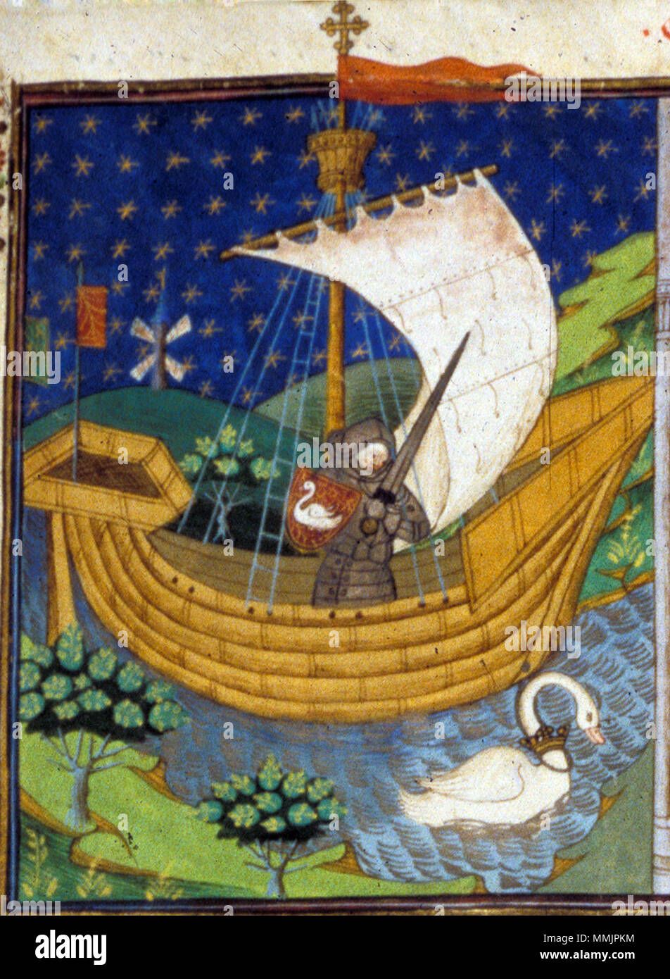 . Englisch: Die Ritter des Swan. Ein Ritter in ein Boot von einem Schwan gezogen. Detail einer Miniatur, Manuskript British Library, Royal 15 E VI (' Talbot Shrewsbury Buchen'), Folio 273 r (erste Seite der Chanson du Chevalier au Cygne). Gehalten und von der British Library digitalisiert. Der Ritter der Swan. zwischen ca. 1444 und ca. 1445. Ein Ritter in ein Boot von einem Schwan (British Library, Royal 15 E VI, f 273)-v2 gezeichnet Stockfoto
