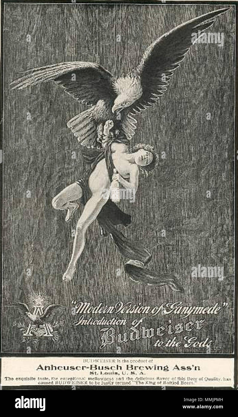 . Anzeige Kampagne mit Ganymed Bud an die Götter, basierend auf einer Zeichnung von F. Kirchbach. Die ursprüngliche Anheuser-Bush ad, wie er in der Februar 1906 Ausgabe von Theater Magazin erschienen. Der Slogan auf dem Schild steht: "moderne Version von Ganymed "Einführung von Budweiser Bier zu den Göttern. . 1904. Unbekannt, basierend auf einer Zeichnung von F. Kirchbach (1892) 103 Budweiser 1906 - Fruchtart Stockfoto