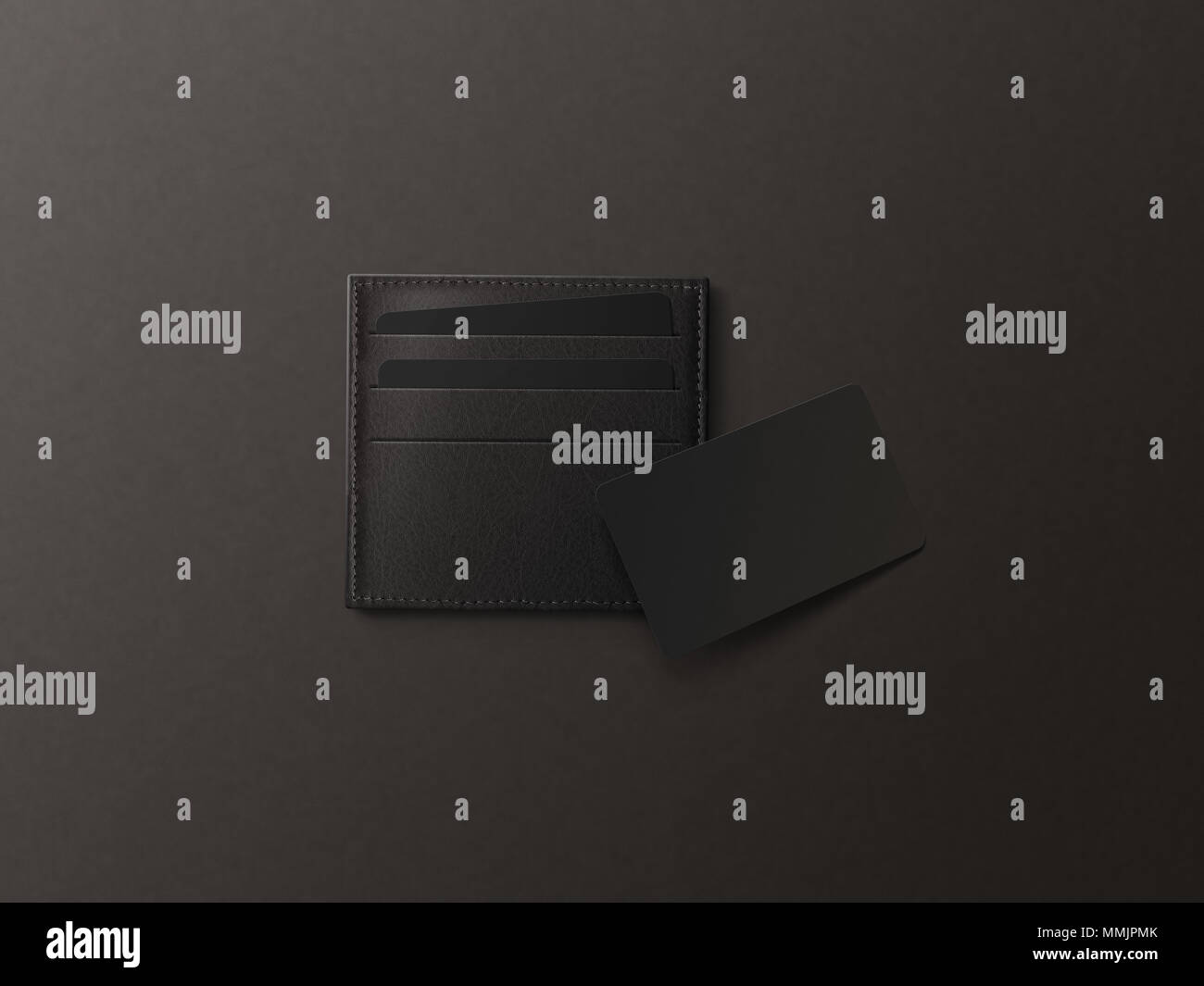 Leder Kartenhalter mit leeren schwarzen Karte mock up isoliert. Business Kreditkarten Mockup in der Hülse Karteninhaber Tasche. Entfernen Sie Papier, ID-Karten in Grau wallet Box. Logo Design Präsentation. Stockfoto
