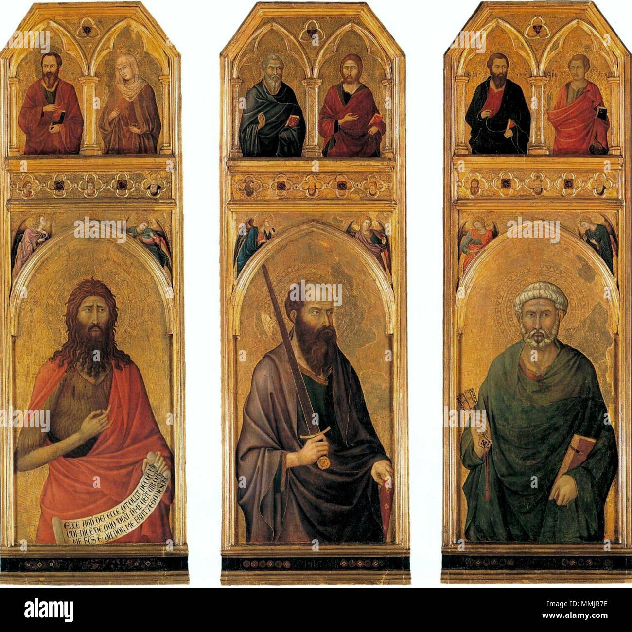. Sts. Johannes der Täufer, Paulus und Petrus. Oben SS Mathias, Elisabeth von Ungarn, Matthäus, Jakobus Weniger, Jakobus, Philippus. . Mai 1324. Ugolino di Nerio (1280 - 1330) Beschreibung italienischen Maler und Journalist Geburtsdatum / Tod ca. 1280 ca. 1349 Ort der Geburt / Todes Siena Siena Arbeiten Zeitraum 1 Drittel des 14. Jahrhunderts arbeiten Ort Siena Authority control: Q 1357686 VIAF:? 95732987 ULAN:?? Nr 500008502 LCCN: 91028515 WGA:? UGOLINO DI NERIO GND:? 128819316 WorldCat 1 Ugolino di Nerio. Sts. Johannes der Täufer, Paulus und Petrus. Oben SS Mathias, Elisabeth von Ungarn, Matthew, Stau Stockfoto