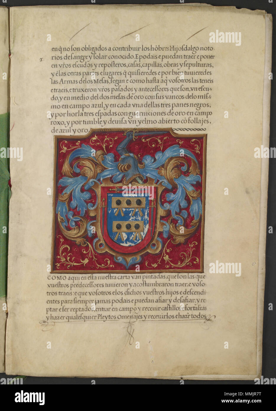 . Wappen Abbildung aus einem Zuschuss von Adel von König Philipp II. von Spanien zu Alonso de Mesa und Hernando de Mesa. Von einem 19 Seite eigenhändig unterzeichnet durch den König digitalisiert. . 25. November 1566. König Philipp II. von Spanien (Kommissionsmitglied), anonyme illustrator Gewährung der Arme Stockfoto