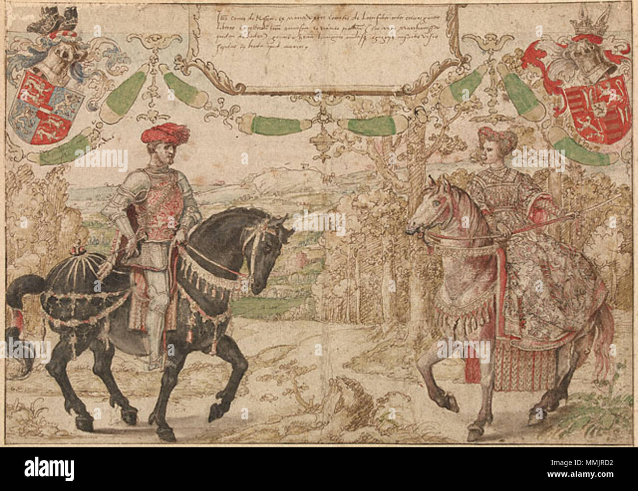 . Johan IV van Nassau und seine Frau Maria van Loon-Heinsberg. . Ca. 1538-1540. Bernard van Orley (ca. 1491/1492-1542) Alternative Namen: Barend Van Orley, barent Van Orley, Bernaert Van Orley, Bernart Van Orley Beschreibung flämischen Maler, Zeichner und Grafiker Geburtsdatum / Tod ca. 1487-1491 vom 6. Januar 1541 Ort der Geburt / Todes Brüssel Murcia Arbeit Periode von 1510 bis 1542 Standort Brüssel Authority control: Q 454678 VIAF:?:? ISNI 88879321 0000 0000 6203 0775 ULAN:?? n 500023119 LCCN: 82144436 WGA:? Bernaert Van Orley, WorldCat Bernard van Orley - Johan IV van N Stockfoto