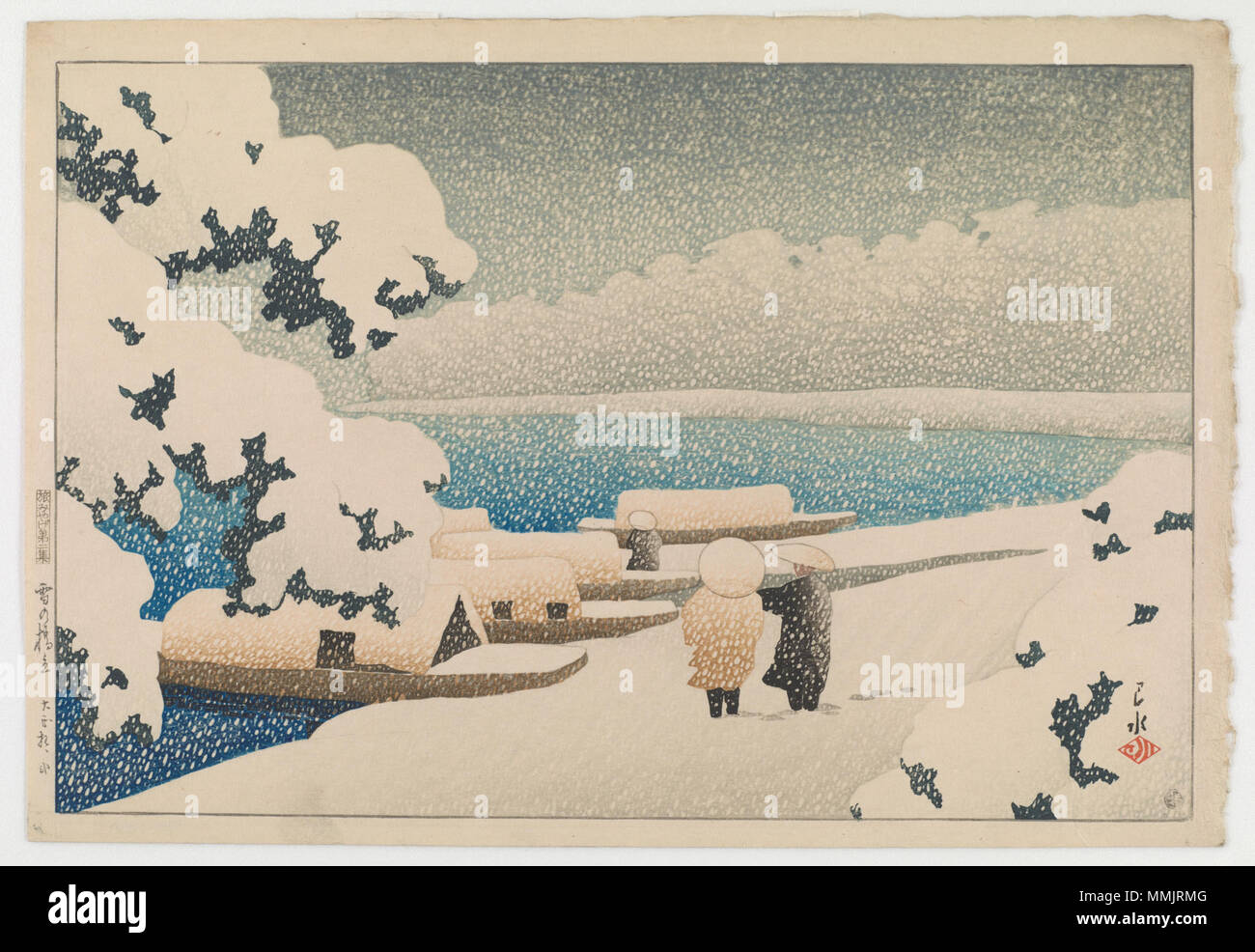 S 2003.8 .613 (Künstler) Kawase Hasui; (Publisher) Shozaburo Watanabe; Japan; 1921; Holzschnitt; Tinte und Farbe auf Papier; H x W (Gesamt): 26,5 x 38,7 cm (10 5/6 x 15 1/4 in); Robert O. Muller Kollektion Tabi miyage Dai nishū, Yuki no Hashidate von Kawase Hasui Stockfoto