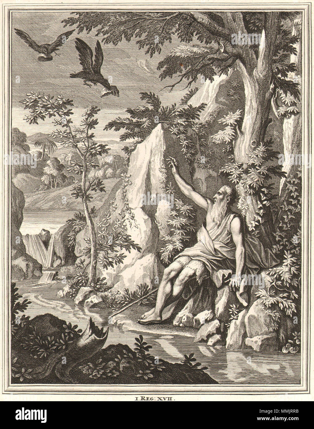 . Englisch: 1697 Jan Luyken (1649-1712), Elia, gespeist von Raben, Radierung, 1697, 31 x 21 cm. . 1697. Jan Luyken (1649-1712) 1697 Jan Luyken Elia gespeist durch Raben Stockfoto