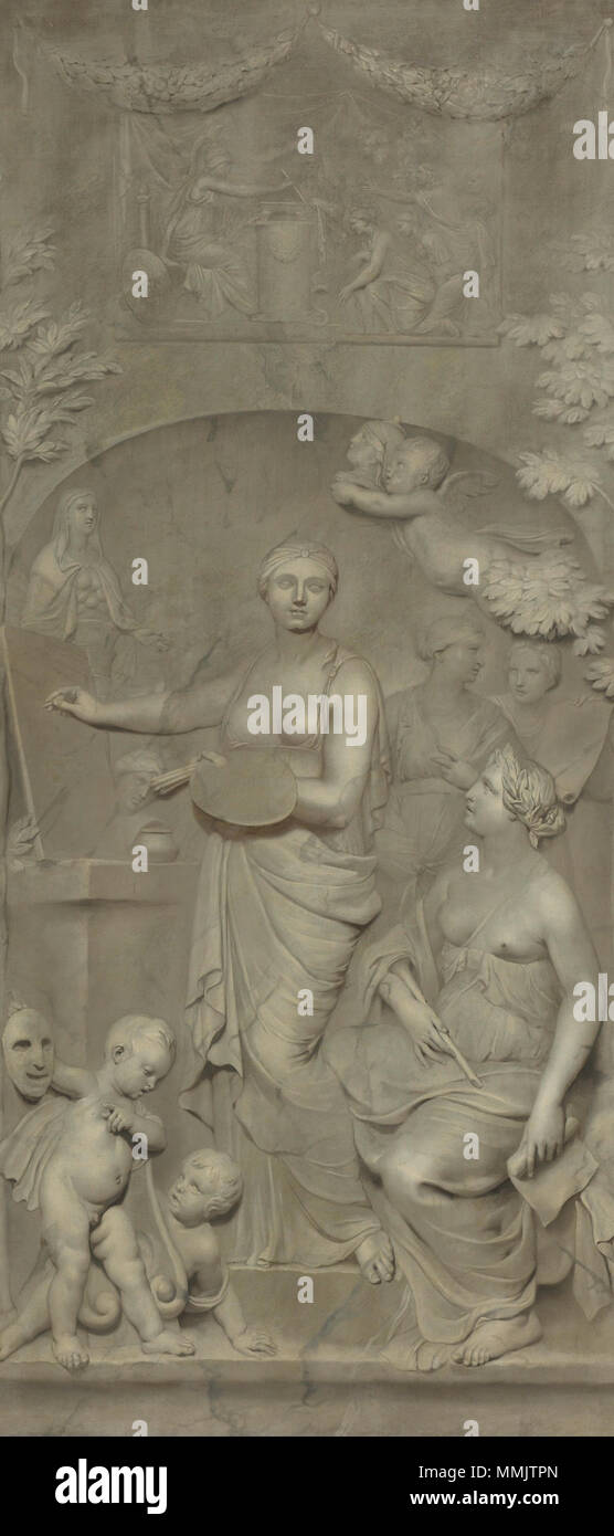 . Allegorie der Künste Teil einer Serie von fünf Allegorien zwischen 1675 und 1683 für das Haus der Philips de Flines, Herengracht 164, Amsterdam, als 'Messina" gemalt. Die anderen Allegorien sind Datei: Gerard de Lairesse003.jpg (Wohlstand), Datei: Gerard de Lairesse004.jpg (Nächstenliebe), Datei: Gerard de Lairesse - Allegorie op de Wetenschappen - Google Kunst Projekt.jpg (Wissenschaft) und Datei: Gerard de Lairesse006.jpg (Fame). Allegorie der Künste. zwischen 1675 und 1683. Gerard de Lairesse005 Stockfoto