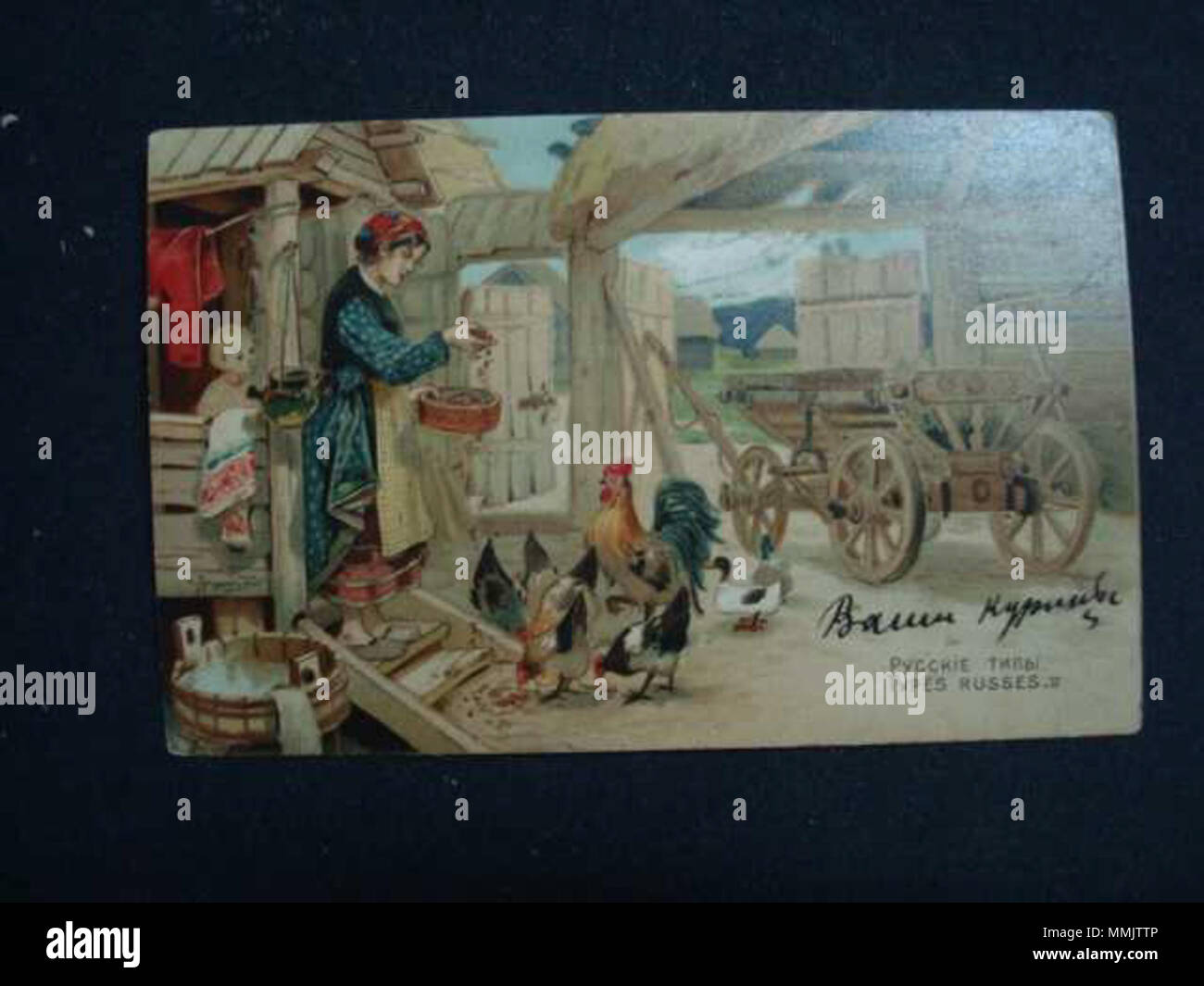 . Русский: Ягужинский С., Русские типы. Кормит кур. Надпись чернилами: Ваши курицы. . Vor 1917. ?????????? ?. Al oldotkr 11 3181 Stockfoto