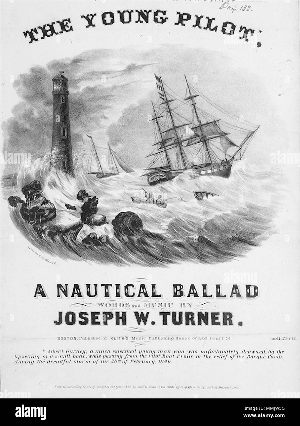 . Der junge Pilot, eine nautische Ballade, Worte und Musik von Joseph W. Turner/lith. Von E.W. Bouvé. Zusammenfassung: 'Einzelblatt Musik mit Leuchtturm auf Felsen, Schiff und zwei Männer in einem kleinen Boot auf hohen Wellen im Sturm. Albert Gurney, die in einem kleinen Boot war in diesem Sturm gestorben.' -- Bibliothek des Kongresses Katalog. MEDIUM: 1 drucken: Lithographie. Erstellt/veröffentlicht: Boston: Keith's Music Publishing House, 1846 veröffentlicht. Schöpfer: Bouve Ephraim, W., 1817-1897, Lithograph. REPOSITORY: Bibliothek des Kongresses, Drucke und Fotografien Division, Washington, D.C. 20540 USA. 1846. E.W. 7 1846 YoungPilot byEWBou Bouvé Stockfoto