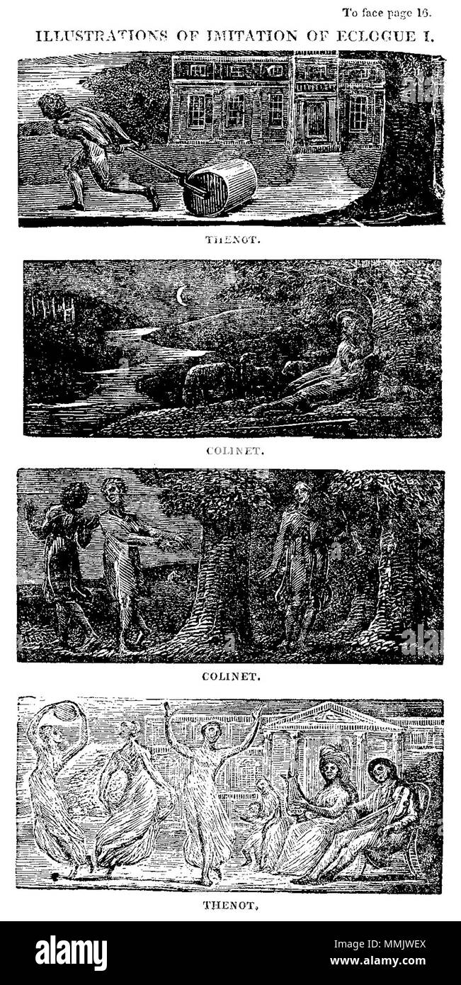 . Englisch: Blake Holzschnitt der Pastorals von Virgil, Kopie 1, Objekt 8 Illustrationen von Imitation von eclogue ich bb 504 2 14-17 com 300 bw. 21 Januar 2010, 07:21:27. William Blake (1757 - 1827) Alternative Namen W. Blake; Uil" iam Bleik Beschreibung britische Maler, Dichter, Schriftsteller, Theologe, Sammler und Graveur Geburtsdatum / Tod 28. November 1757 12. August 1827 Ort der Geburt / Todes Broadwick Street Charing Cross Standort London Authority control: Q 41513 VIAF:?:? ISNI 54144439 0000 0001 2096 135 X ULAN:?? n 500012489 LCCN: 78095331 NLA:? 35019221 WorldCat Dies ist ein treuer phot Stockfoto