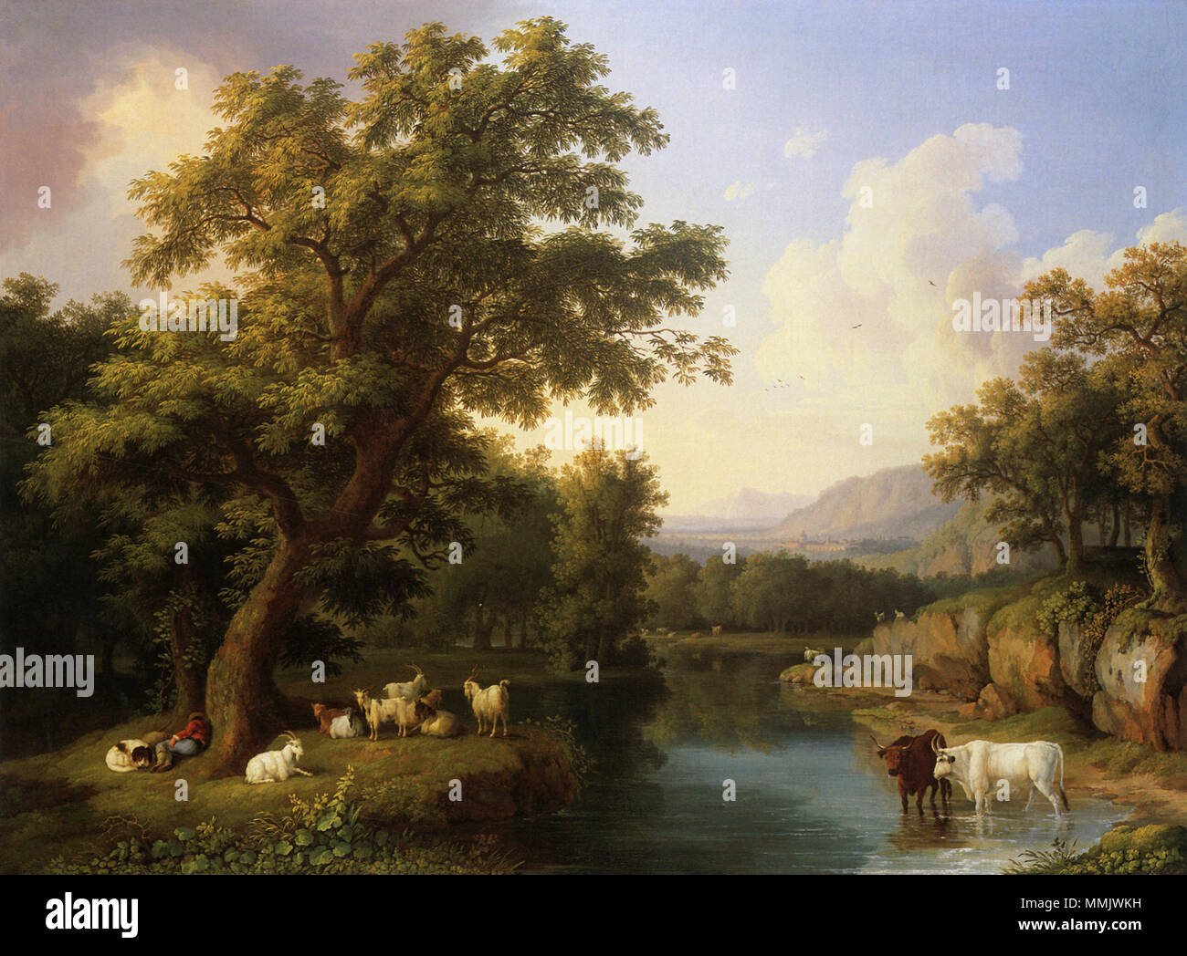 . English: Jakob Philipp Hackert, Landschaft mit dem Sanktuarium von Loreto bei Ancona/Marche (Landschaft mit ruhendem Schäfer), 1776, Öl auf Leinwand, 124 x 169 cm, Privatbesitz. Englisch: Jakob Philipp Hackert, Landschaft mit dem Heiligtum von Loreto bei Ancona/Marche (Landschaft mit einem Stillstehenden Shepherd) (1776), Öl auf Leinwand, 124 x 169 cm, Privatbesitz. . 1776. Hackert, Landschaft mit dem Sanktuarium von Loreto bei Ancona-Marche, 1776 Stockfoto