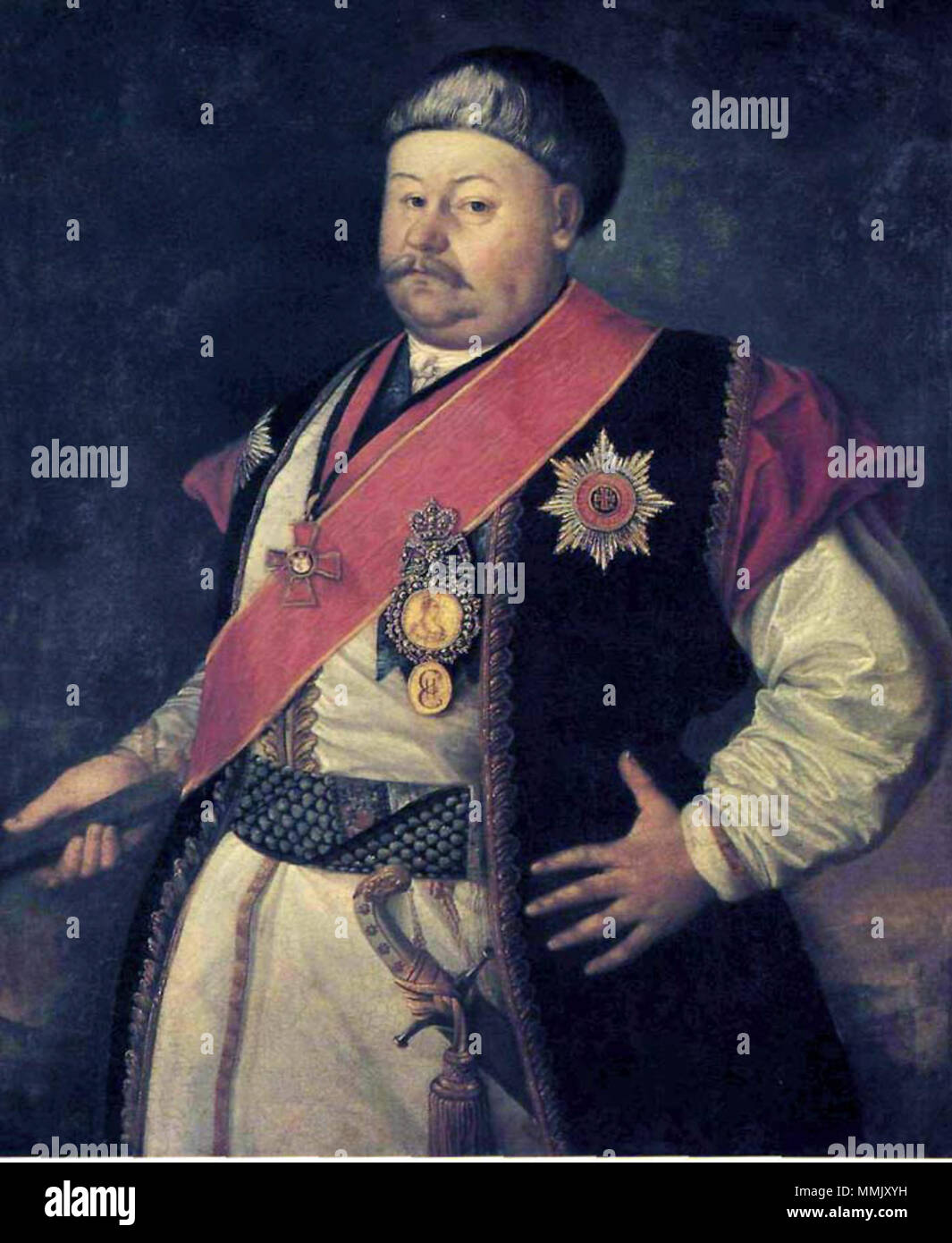 . Dimka художник. Портрет наказного атамана Донского войска Д. М. Мартынова. 1790 Д. М. - Мартынов наказной атаман Войска Донского. В 1772 году за участие в первой Турецкой войне, будучи полковником, награжден именной золотой медалью в 30 червонцев" для ношена на шее'. В 1796 году - кавалер ордена Анны и генерал - лейтенант. На портрете Мартынов представлен в казачьей одежде украшенной алмазами, С"С'золотой медалью профилем Екатерины II и с орденами Анны ich степени и Владимира 2 степени, при этом ордена приписаны позднее. Обыкновение добавлять на исполненных ранее портретах вновь полученные Stockfoto