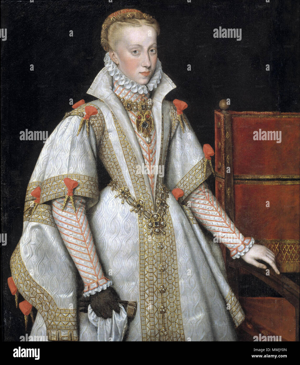 Englisch: Ein Gericht Portrait von Königin Anna von Österreich, die Tochter  von Kaiser Maximiliano II (1527-1576), vierte Frau von Felipe II  (1556-1598) und Mutter von der Zukunft Felipe III Español: Retrato