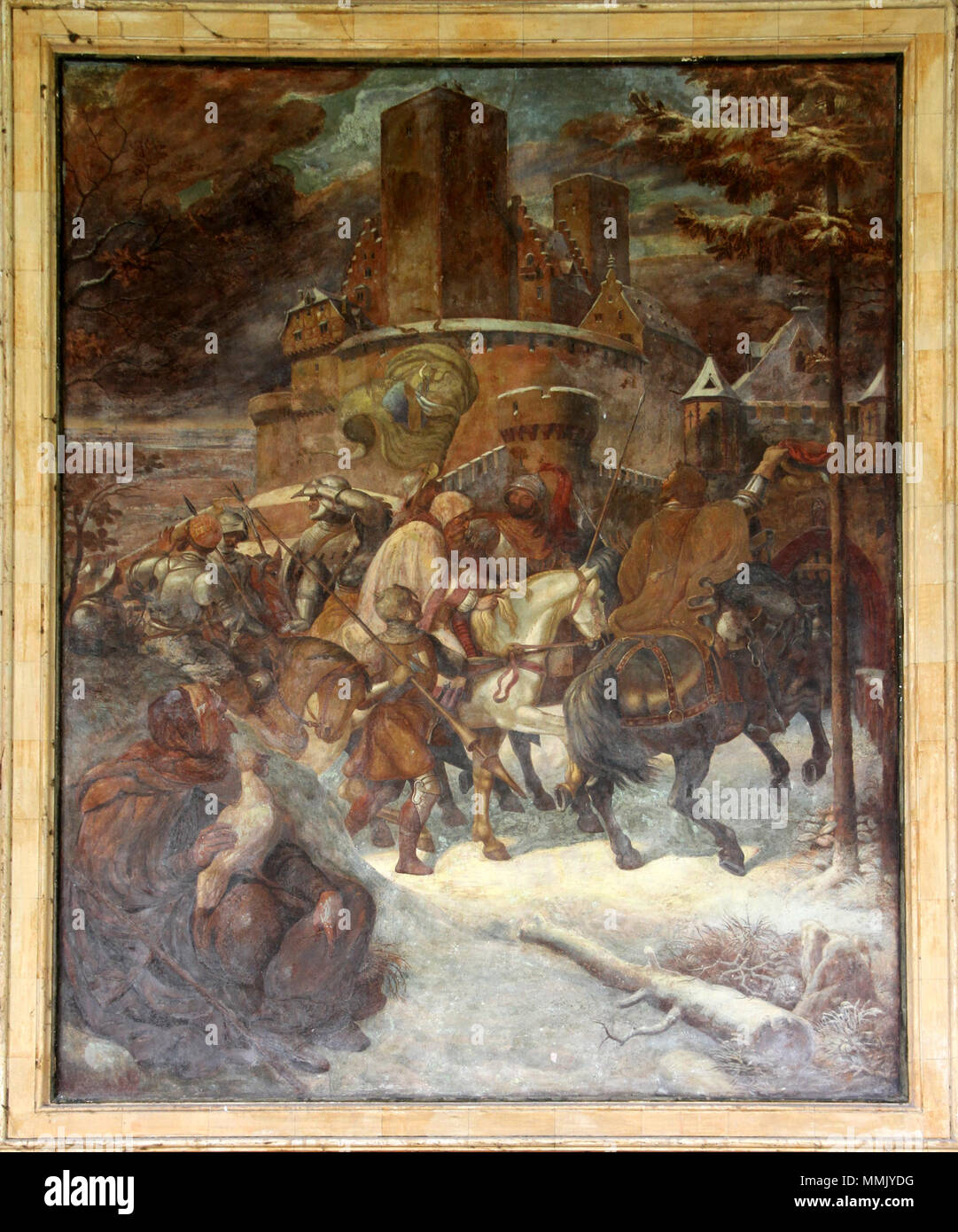 . Englisch: Fresko aus der Trinkhalle Baden-Baden. English: Burg Windeck. Fresko von Jakob Götzenberger in der Trinkhalle Baden-Baden, 1844. . 1844. Fresko von Jakob Götzenberger, Reproduktion von Gerd Eichmann, 2010. 67 Baden-Baden - Trinkhalle-Fresko 11 - Burg Windeck 2-gje Stockfoto