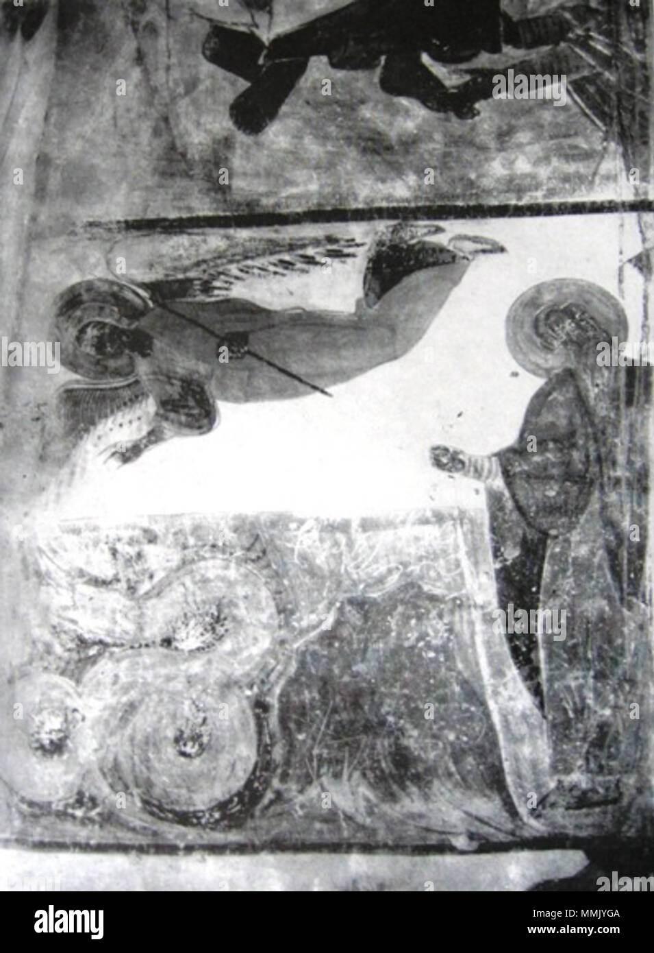 . Deutsch: "Einen Winkel brennen ein Monster durch die Gebete von St. David von gareja", ein Fresko aus der Gareji Kirche. c. 10. Jahrhundert. Unbekannt 46 Engel brennen ein Monster. Gareji Zyklus (Georgien) Stockfoto