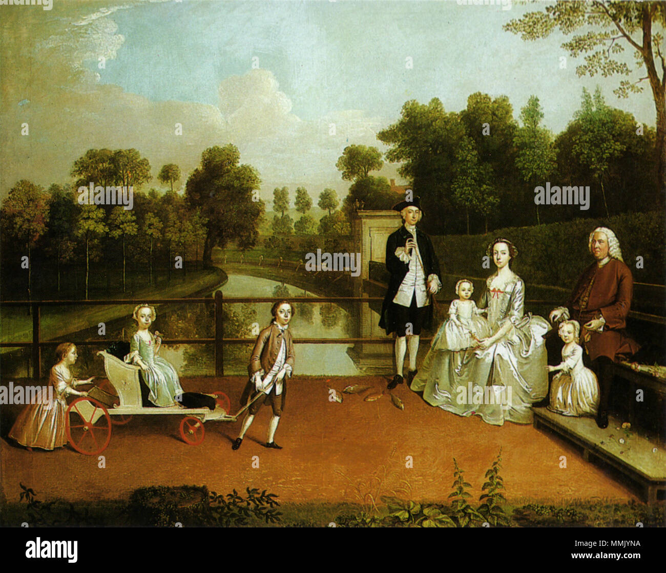 Englisch: Porträt von Sir Thomas Höhle, Bt. und seine Familie auf dem Gelände der Stanford Hall, Leicestershire. 1749. Arthus Devis Thomas Höhle Familie 1749 Stockfoto