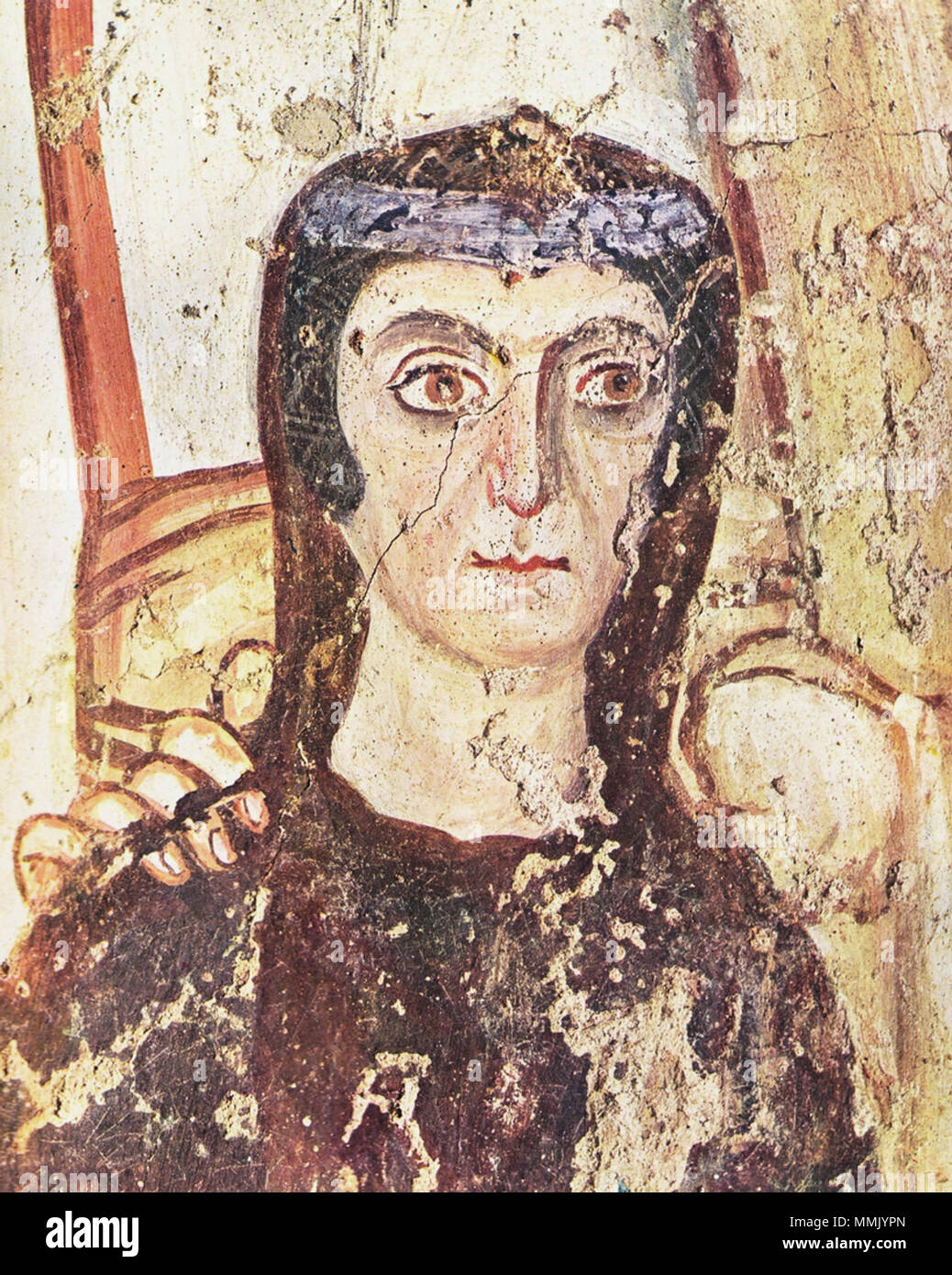 . Italiano: La vergine, ich Santi Felice e Adaucto e la donatrice Turtura, 528 La donatrice Materiali: affresco di Commodilla Collocazione: Catacomba, Roma. 3 Juni 2010, 16:27:20. Unbekannte Catacombe Comodilla, 02. Stockfoto