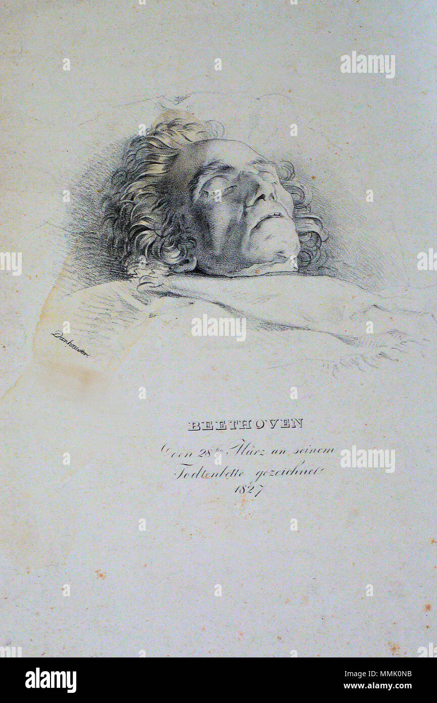 . Deutsch: Ludwig van Beethoven (1770-1827) am Totenbett. 1827. Josef Danhauser Beschreibung der österreichische Künstler und Maler Geburtsdatum / Tod 18. August 1805 vom 4. Mai 1845/ 1845 Ort der Geburt / Tod Wien Wien Behörde: Q 776508 VIAF:?:? ISNI 15563616 0000 00006675 2919 ULAN:?? n 500005957 LCCN: 83318489 WGA:? Danhauser, Josef Franz WorldCat Beethoven am Totenbett Litho Stockfoto