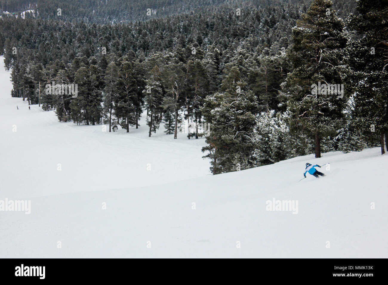 Mann-Skifahrer laufen bergab Stockfoto