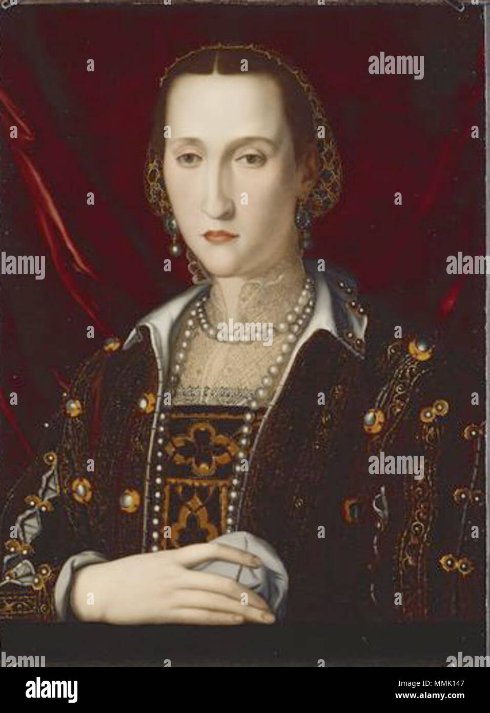 (1522-1562), Herzogin von Toskana, in halber Figur. English: 2. Drittel 16. Jahrhundert. Eleanor von Toledo von der Werkstatt von Angelo Bronzino Stockfoto