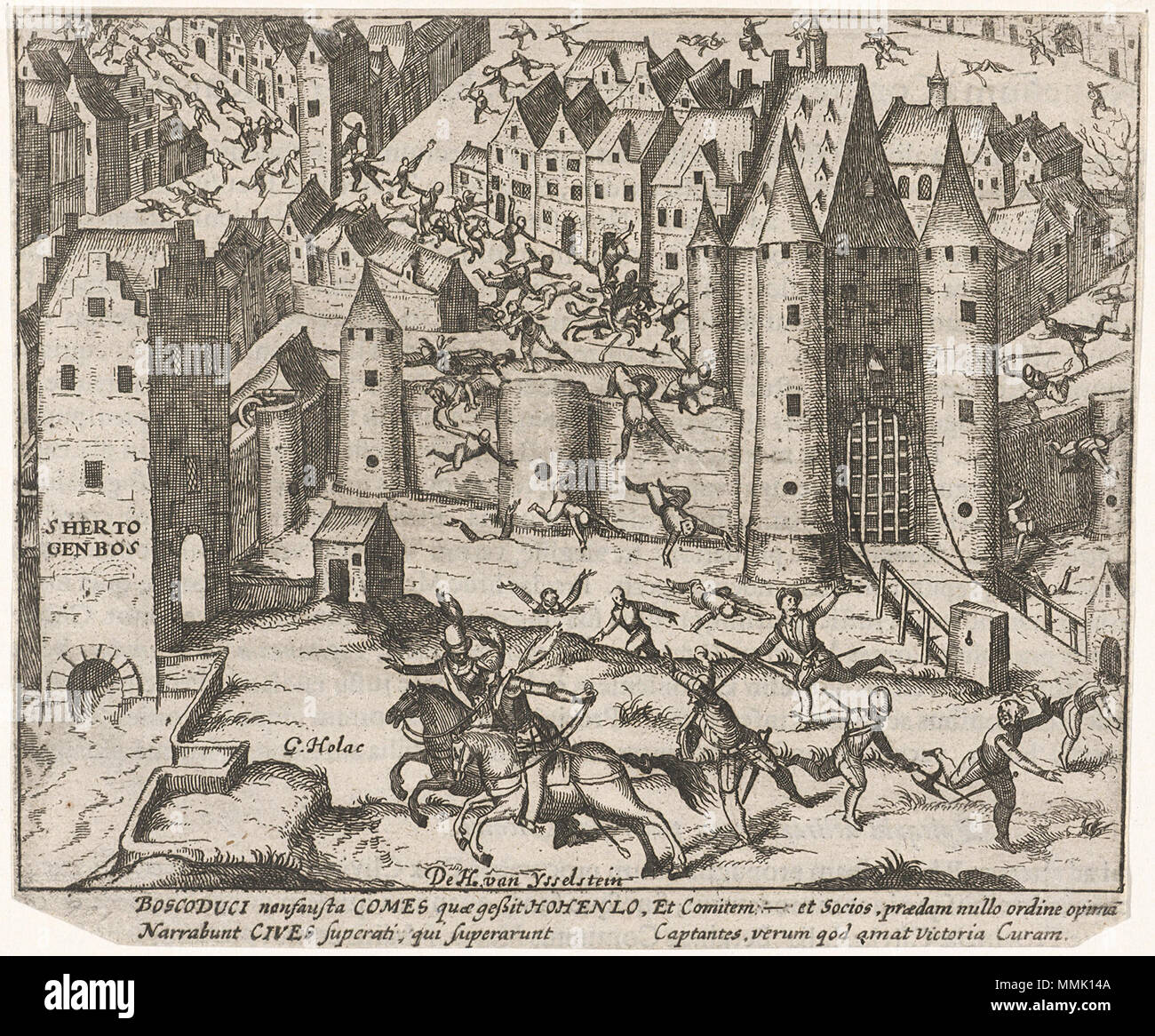. Englisch: gescheiterten Attentat durch die Truppen unter dem Befehl des Grafen Hohenlohe in 's-Hertogenbosch, 19. Januar 1585. Im Vordergrund der Grafen von Hohenlohe Pferderennen die Eindringlinge in die Stadt gefahren. Nederlands: Mislukte aanslag Tür het Staatse leger onder Kegelrad van Graaf Hohenlohe op 's-Hertogenbosch, 19. Januar 1585. Op de vlucht voorgrond de Graaf van Hohenlohe te Paard, in de stad Nordworden de indringers verjaagd.. . Zwischen 1613 und 1615. Frans Hogenberg (vor 1540 - 1590) Alternative Namen Franz Hogenberg, Frans Hogenbergh, Frans Hogenberch Beschreibung flämischen Stecher Stockfoto