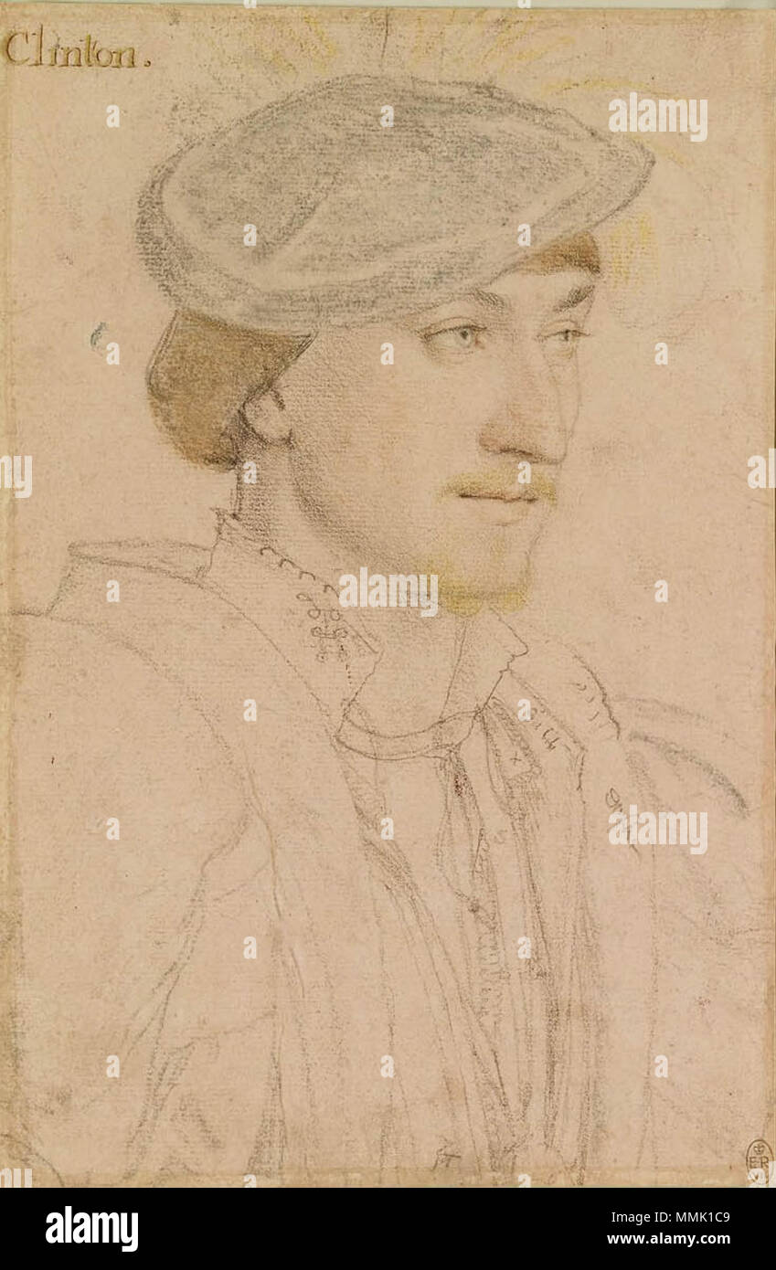 . Englisch: Portrait von Edward, Herr Clinton. Schwarze und farbige Kreiden, silverpoint, Feder und Tusche auf Rosa - grundiert Papier, 22,3 × 14,7 cm, Royal Collection, Windsor Castle. Die Zeichnung ist durch andere Hände um die Ohren, Hals retuschiert, und Haar. Edward Clinton (oder Fiennes), 9 Herr Clinton (1512 - 1584/85), folgte eine lange militärische Karriere. Er besuchte Henry VIII in Boulogne und Calais im Jahre 1532, und wurde später Kapitän von Boulogne, Lord High Admiral, und Constable des Turms. Er war Graf von Lincoln im Jahre 1572 erstellt. . Ca. 1532-43. Hans Holbein (1497/1498-1543) Alternative Namen Stockfoto