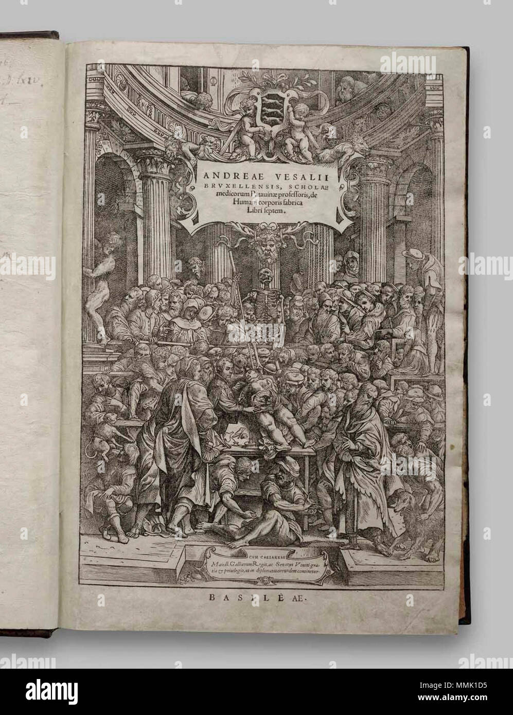 . Englisch: Titelseite von der "De Humani Corporis Fabrica" von Johannes Oporinus 1543 gedruckt. Kopie der Warnock Bibliothek. Русский: Титульная книги" страница О строении человеческого тела" Андрея Везалия, напечатанной Иоганном Опорином в 1543 году. Из экземпляр Уорнокской библиотеки. . 1543. Johannes Oporinus De Humani Corporis Fabrica Titel Seite Stockfoto