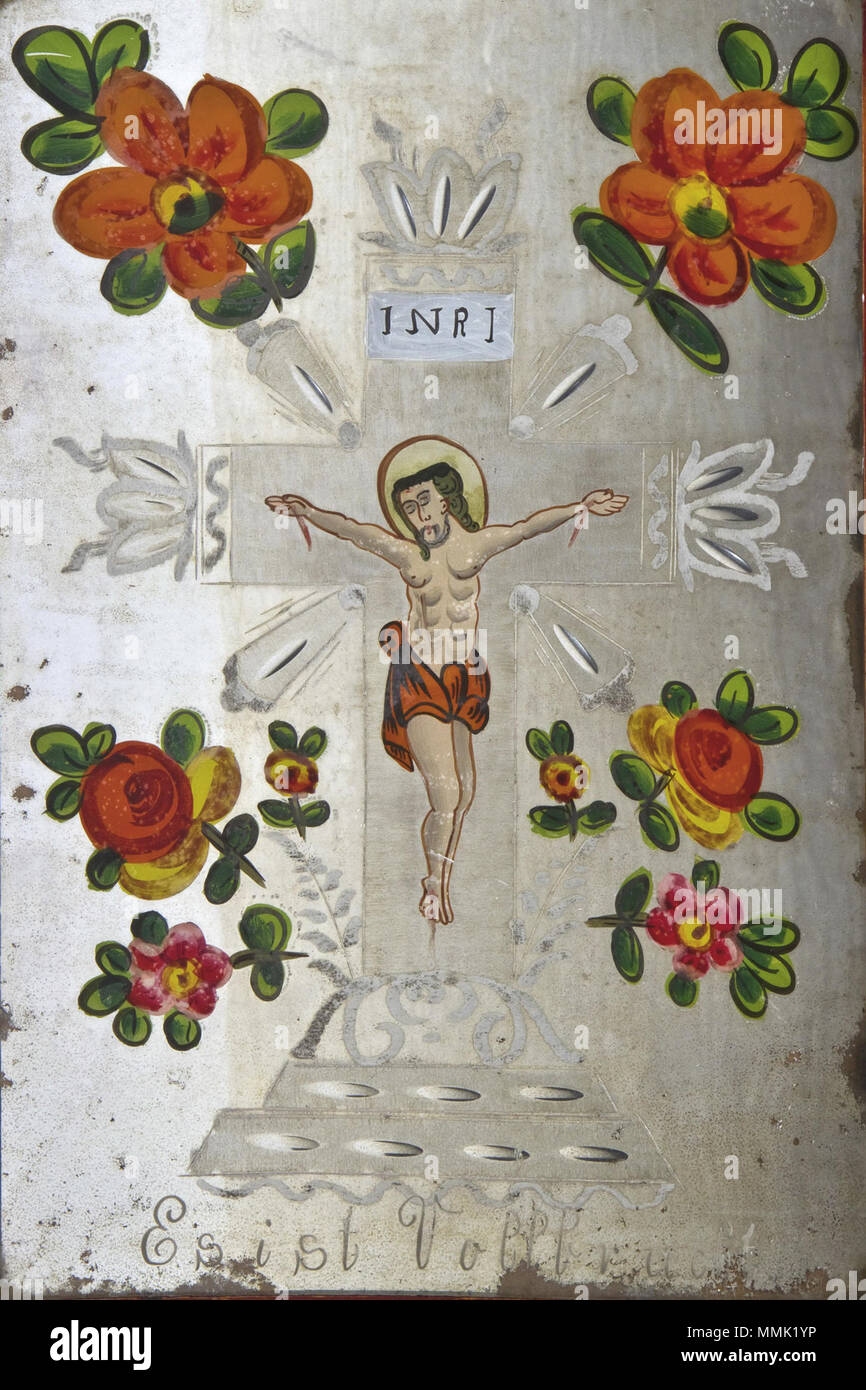 . Hinterglasbild Es ist vollbracht, Spiegelfond mit geätztem Kreuz. 31,8 x 23,2 cm, Nordböhmen, 1. H. in der 19. Jh. . 1. Hälfte 19. Jahrhundert. Anonyme Hinterglasbild Es ist vollbracht Stockfoto