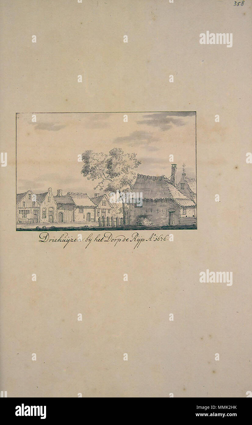 . Deutsch: Beschreibung de Afbeelding der Steden, Dörpen, Gehugten Adelijke en andere Gebouwen in Westfriesland, Waterland, Kennermerland, en Aankleve Van Dien, DUS-beschreven en bij een Versamelt, Mitsgaders, in Alphabetise Ordre Geschikt Tür Andries Schoemaker Atlas Schoemaker: Noord-Holland, Driehuizen. zwischen 1710 und 1735. Atlas Schoemaker - WESTFRIESLAND - DEEL1-220 - Noord-Holland, Driehuizen Stockfoto