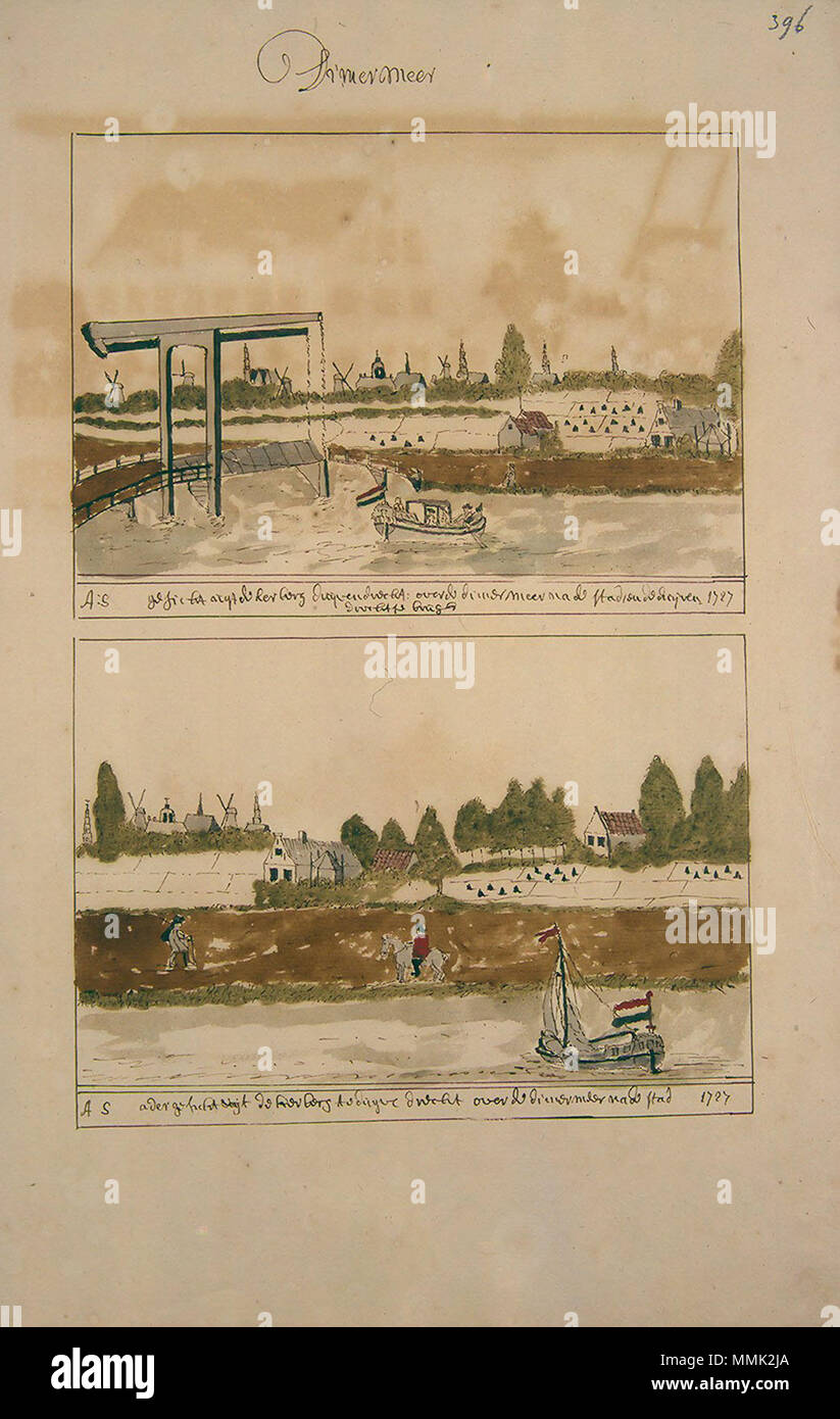 . Deutsch: Beschreibung de Afbeelding der Steden, Dörpen, Gehugten Adelijke en andere Gebouwen in Westfriesland, Waterland, Kennermerland, en Aankleve Van Dien, DUS-beschreven en bij een Versamelt, Mitsgaders, in Alphabetise Ordre Geschikt Tür Andries Schoemaker Atlas Schoemaker: Noord-Holland, Diemermeer. zwischen 1710 und 1735. Atlas Schoemaker - WESTFRIESLAND - DEEL 1-241 - Noord-Holland, Diemermeer Stockfoto