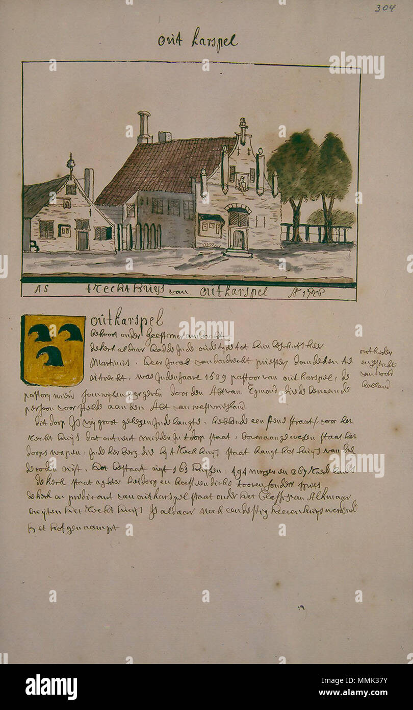 . Deutsch: Beschreibung de Afbeelding der Steden, Dörpen, Gehugten Adelijke en andere Gebouwen in Westfriesland, Waterland, Kennermerland, en Aankleve Van Dien, DUS-beschreven en bij een Versamelt, Mitsgaders, in Alphabetise Ordre Geschikt Tür Andries Schoemaker Atlas Schoemaker: Noord-Holland, Oudkarspel. zwischen 1710 und 1735. Atlas Schoemaker - WESTFRIESLAND - DEEL 3-848 - Noord-Holland, Oudkarspel Stockfoto